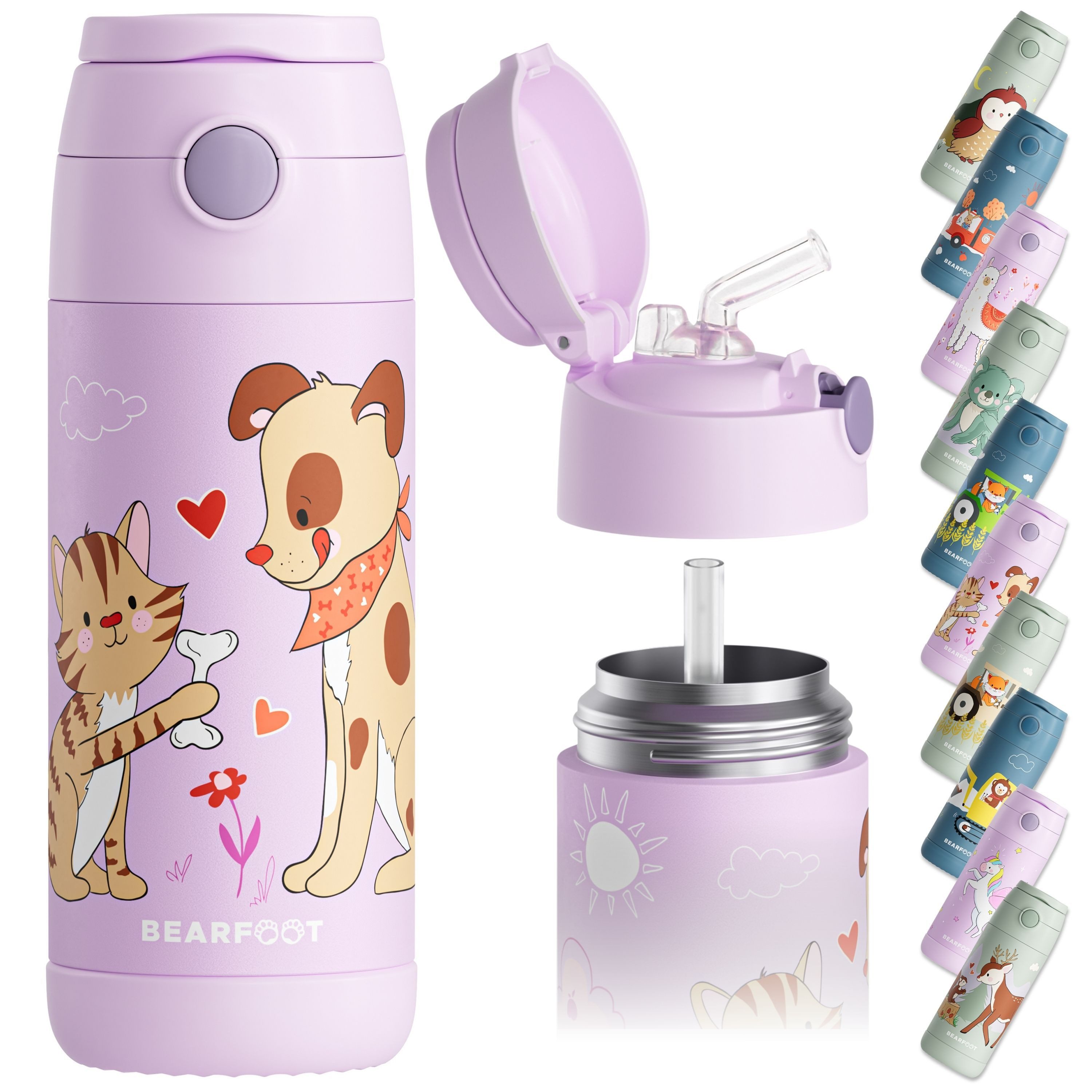 BEARFOOT Trinkflasche Thermo Kinder Trinkflasche Edelstahl - Hund & Katze lila, Thermosflasche, auslaufsicher, Edelstahl, Kinderflasche, BPA-frei