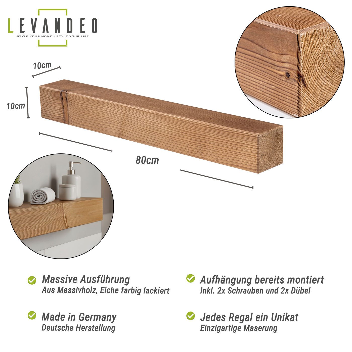Levandeo® Wandregal, levandeo Wandregal Holz Massiv 80x10cm Eiche Farbig Wa günstig online kaufen