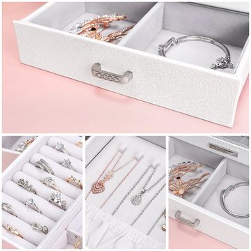 Yorbay Schmuckkasten Schmuckkoffer mit3 Schubladen, Weiß, Schmuckkasten mit Glasfenster, Schmuckschatulle für Halsketten, Ringe, Armbänder, Ohrringe