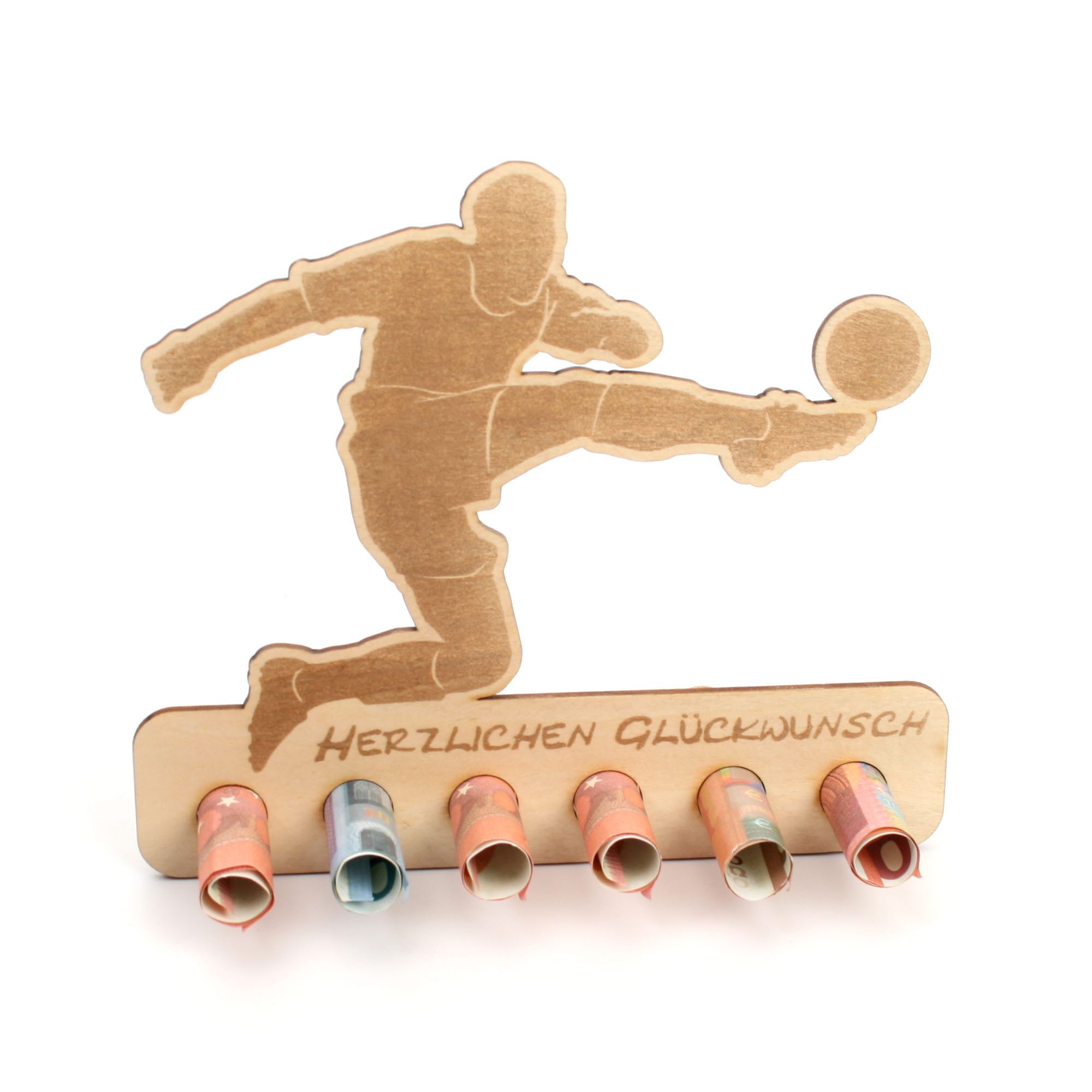 Kreative Feder Glückwunschkarte Geldgeschenk für Wellness & Sport, origineller Geldscheinhalter aus Holz mit 6 Löchern für Geldscheine