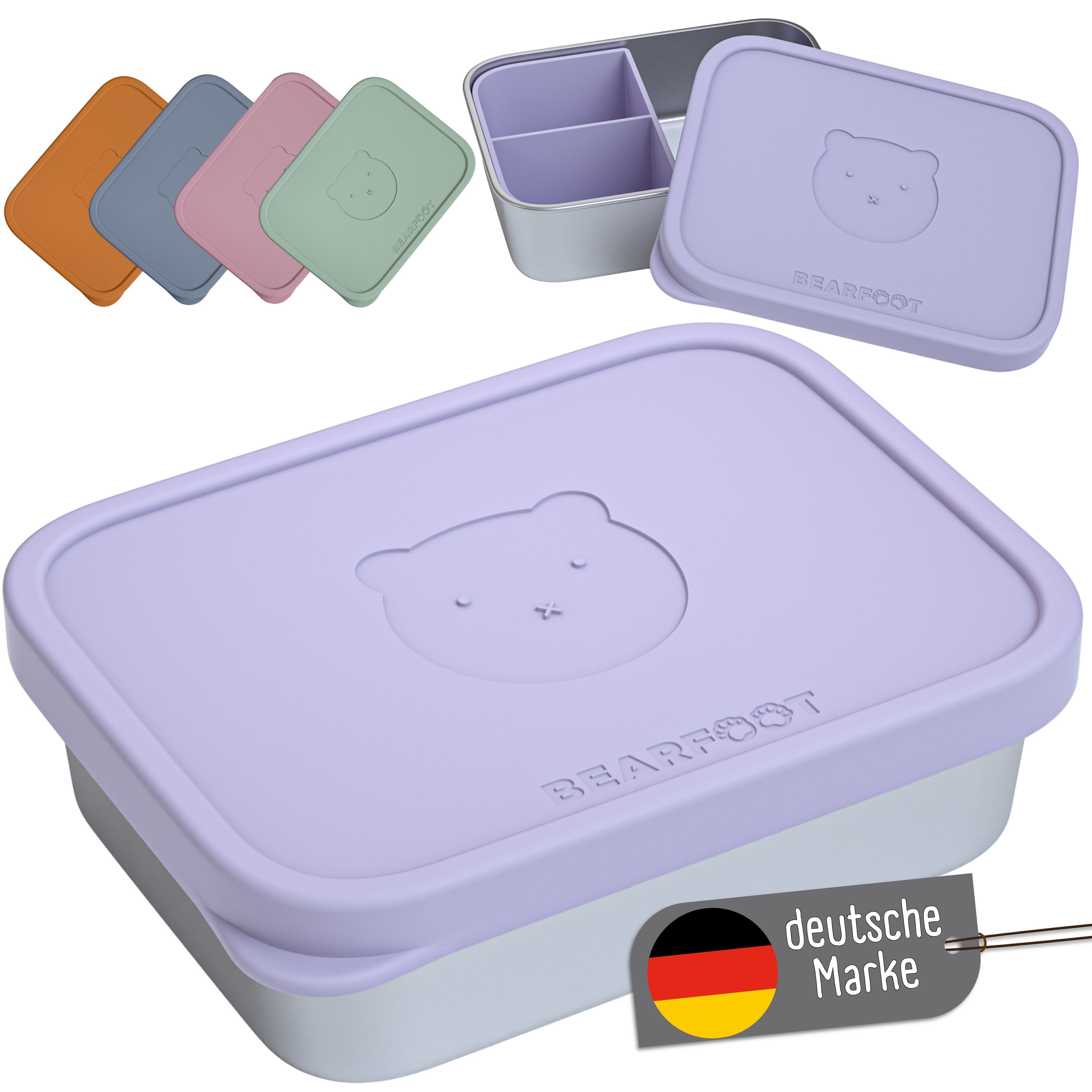 BEARFOOT Lunchbox Brotdose Kinder Edelstahl mit Silikoneinsatz - Lavendel, Kindergarten und Schule - Mädchen und Jungen, Vesperbox, Snackbox