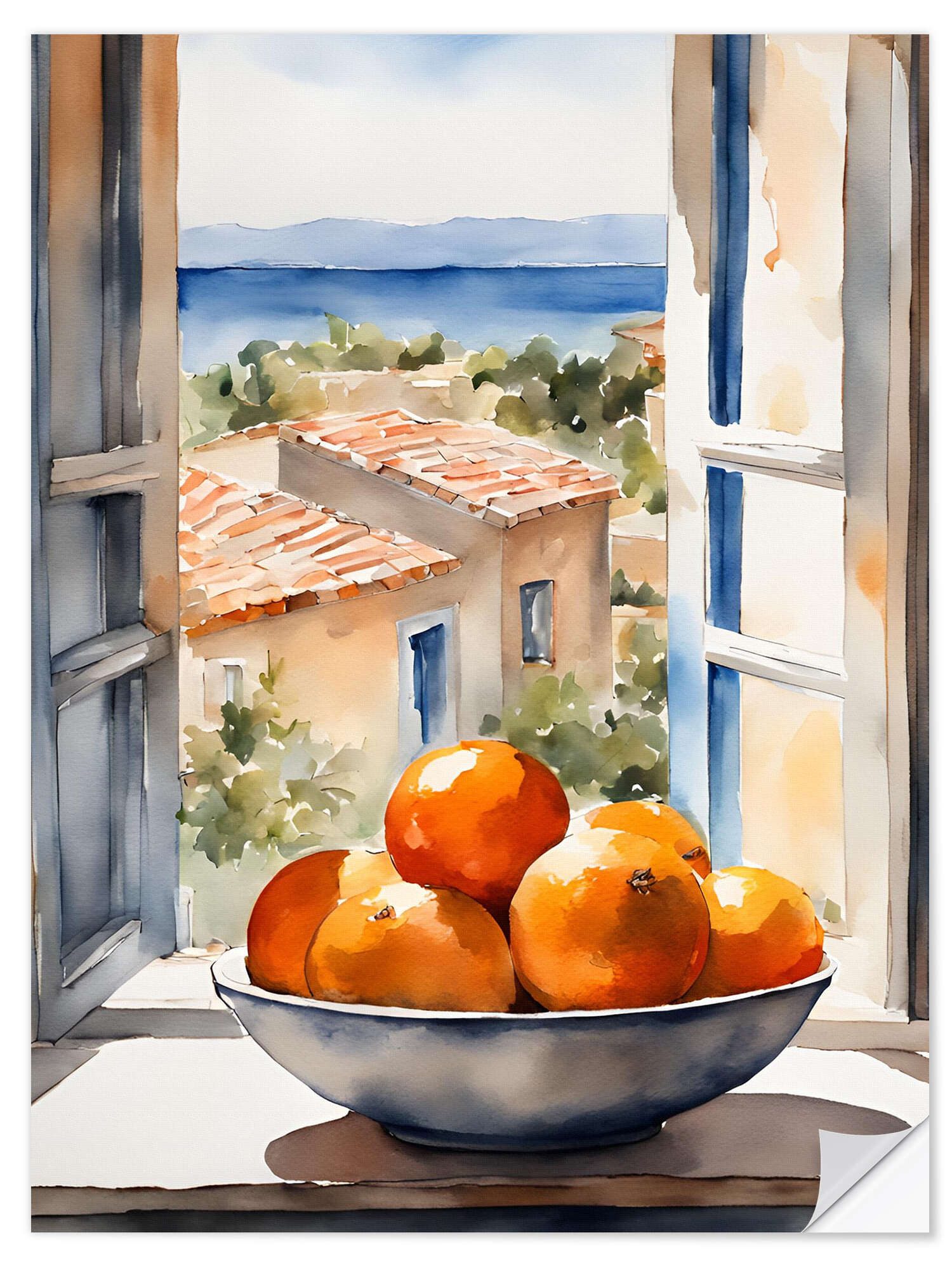 Posterlounge Wandfolie Ohkimiko, Orangen in Schale mit mediterraner Aussicht, Mediterran Malerei