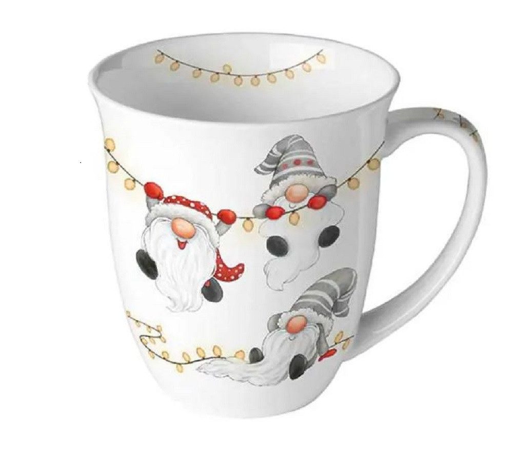Ambiente Luxury Paper Products Becher Sommer, Blumen, Tiere, Pflanzen, Bäume, Herbst, Mug, Kollektion, 1-tlg., Porzellan Tasse Gnomes, Becher 0,4 L Zwerge, Wichtel an der Lichterkette weiß, Themen Tiere, Schnee - Eis, Weihnachten, WinterWinterJahreszeit W