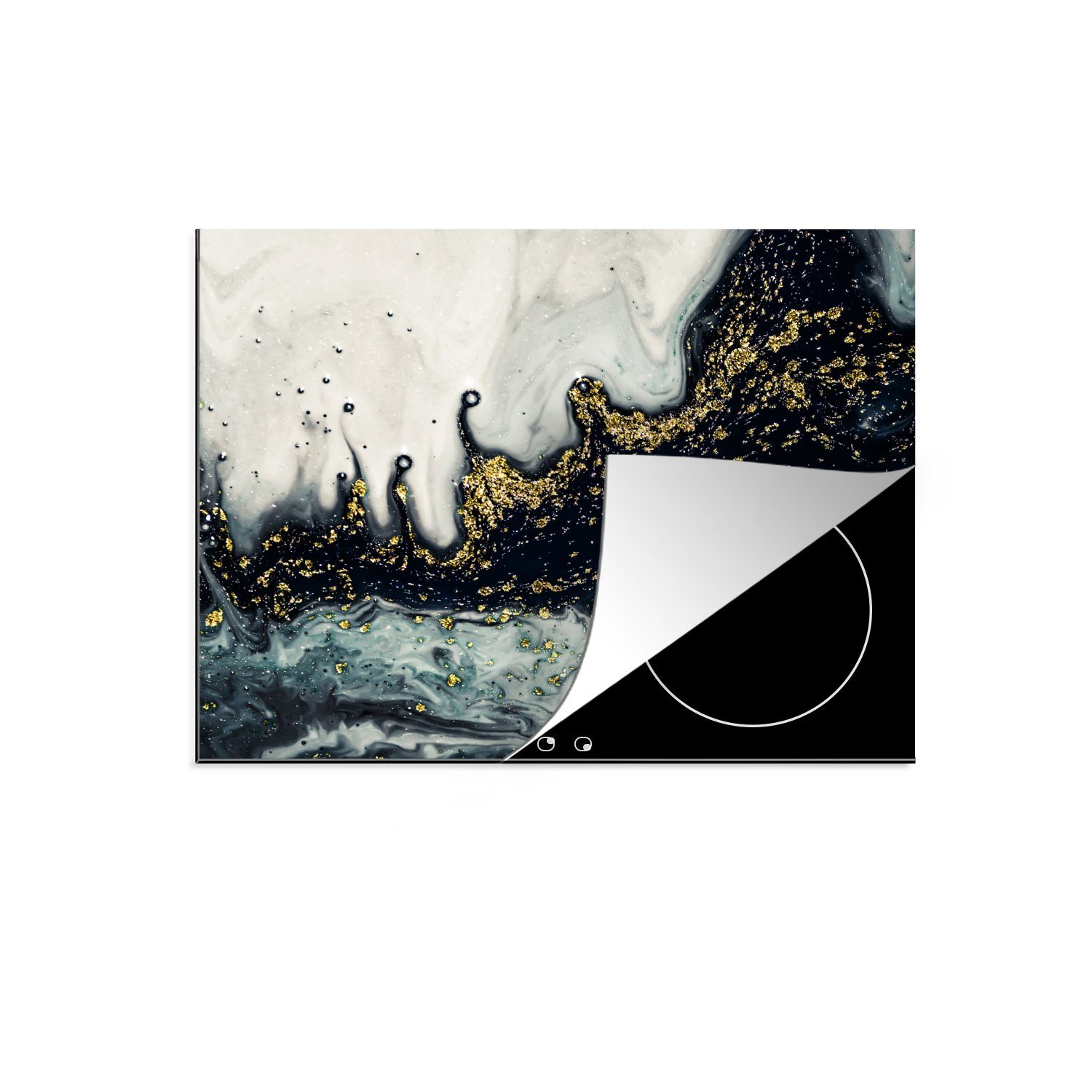 MuchoWow Herdblende-/Abdeckplatte Marmor - Abstrakt - Gold - Luxus, Vinyl, (1 tlg), 59x51 cm, Induktionsschutz, Induktionskochfeld, Ceranfeldabdeckung