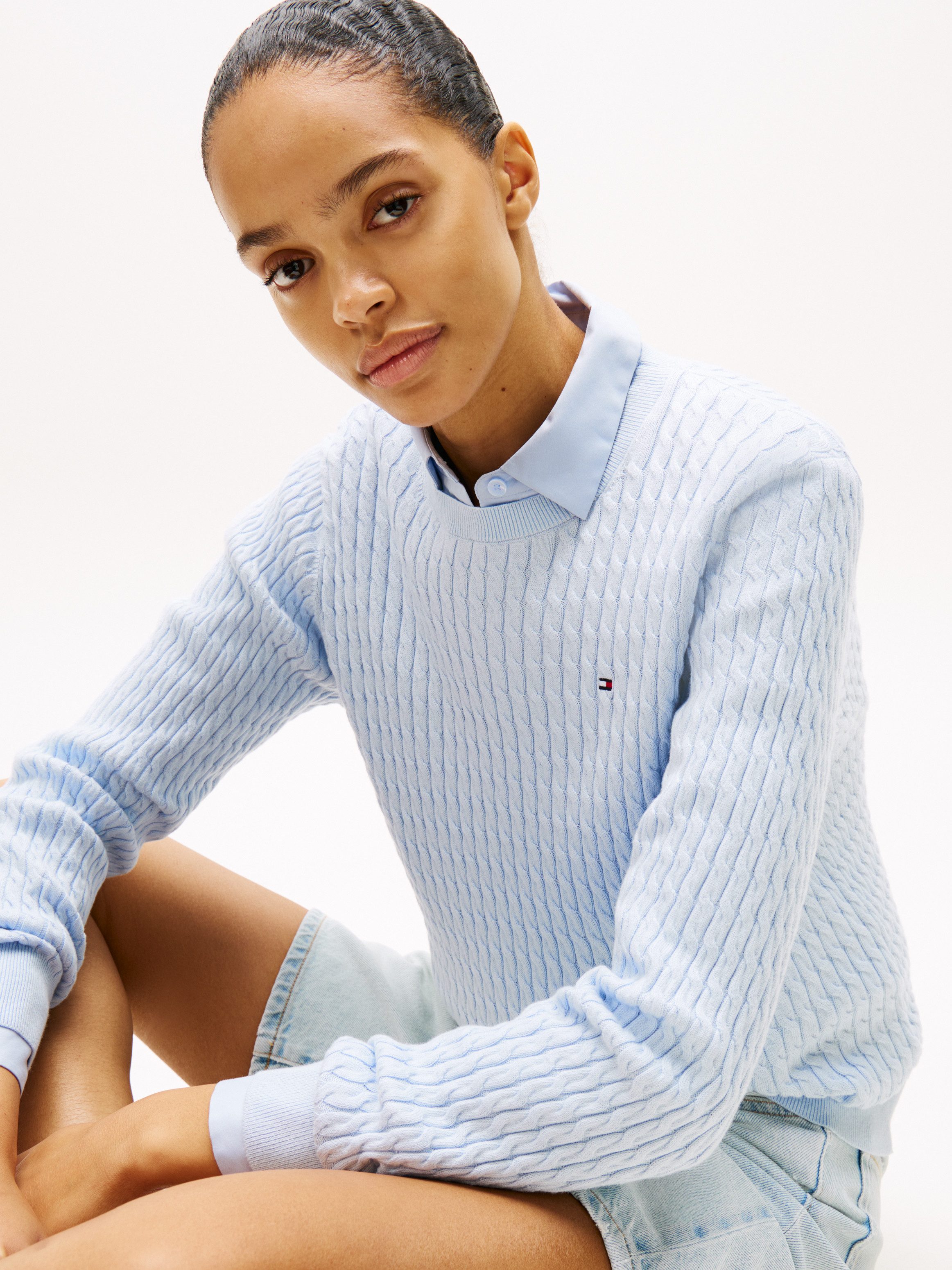 Tommy Hilfiger Rundhalspullover CO CABLE C-NK LS SWEATER Baumwolle, mit Zopfmuster, Regular Fit