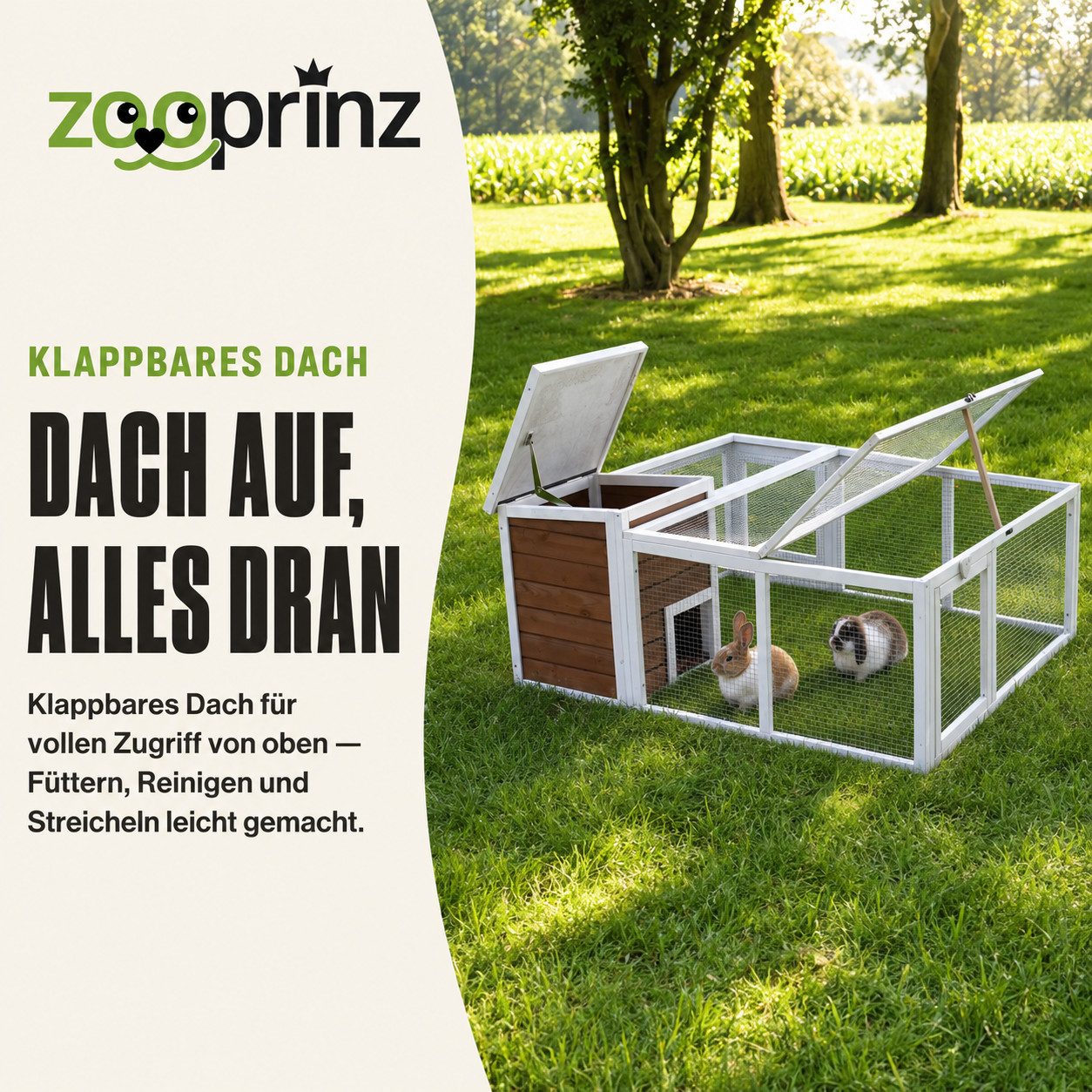 Zooprinz Freigehege Auslaufgehege Hasen Kaninchen Meerschweinchen Comfort mit Haus, XL, Wetterfest, Bitumen Klappdach, Freilauf, Auslauf, Freigehege