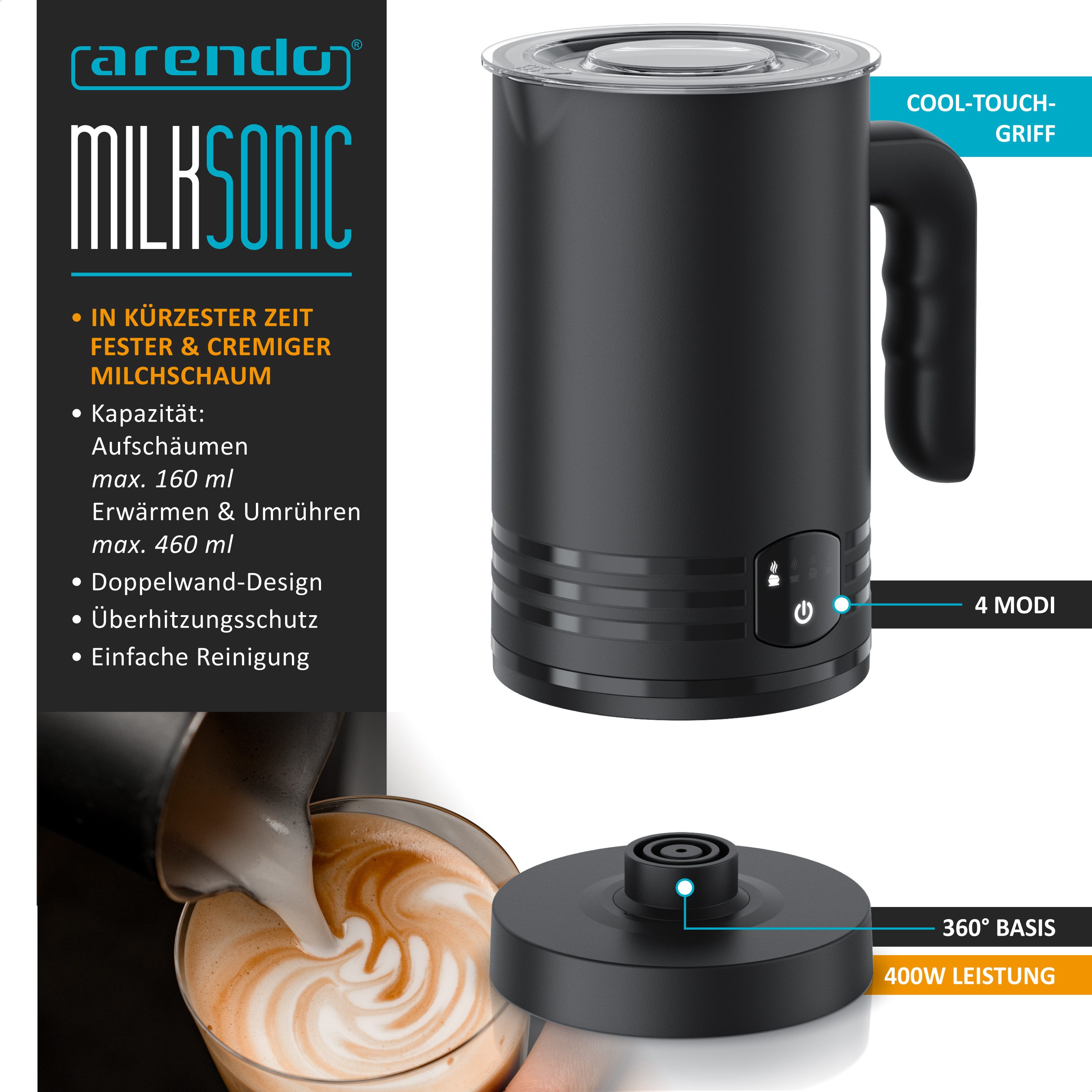 Arendo Milchaufschäumer elektrisch, Doppelwandgehäuse, Milk Frother, Heiß & kalt aufschäumend, 400 W, 4 Programme, Doppelwand, Antihaftbeschichtung Cremiger & fester Schaum