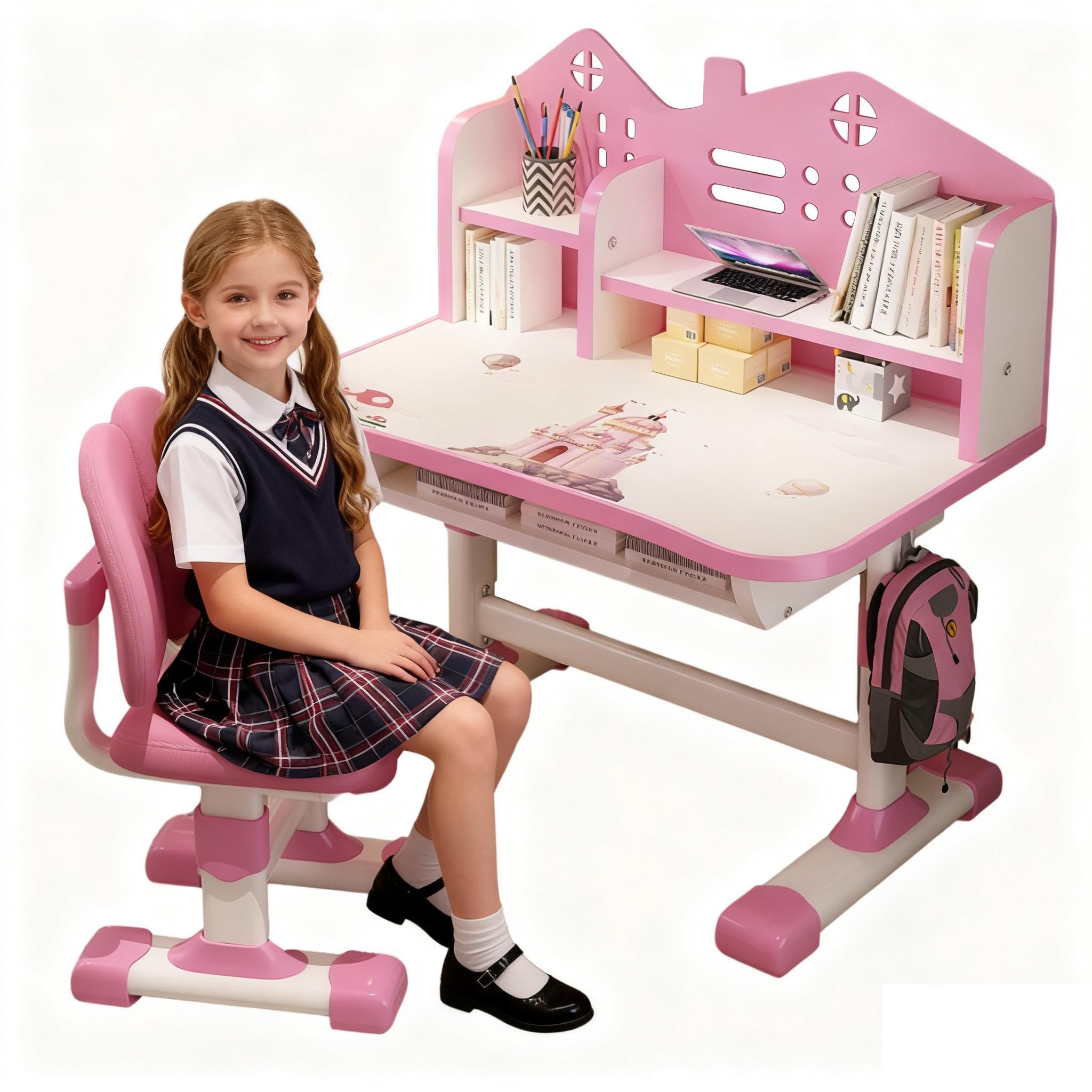 Rutaqian Tischsitz Kinderschreibtisch Stuhl Set Höhenverstellbar mit Schubladen, Rosa, (2-tlg), Kinderschreibtisch, Speicherdesign der Desktoppartition