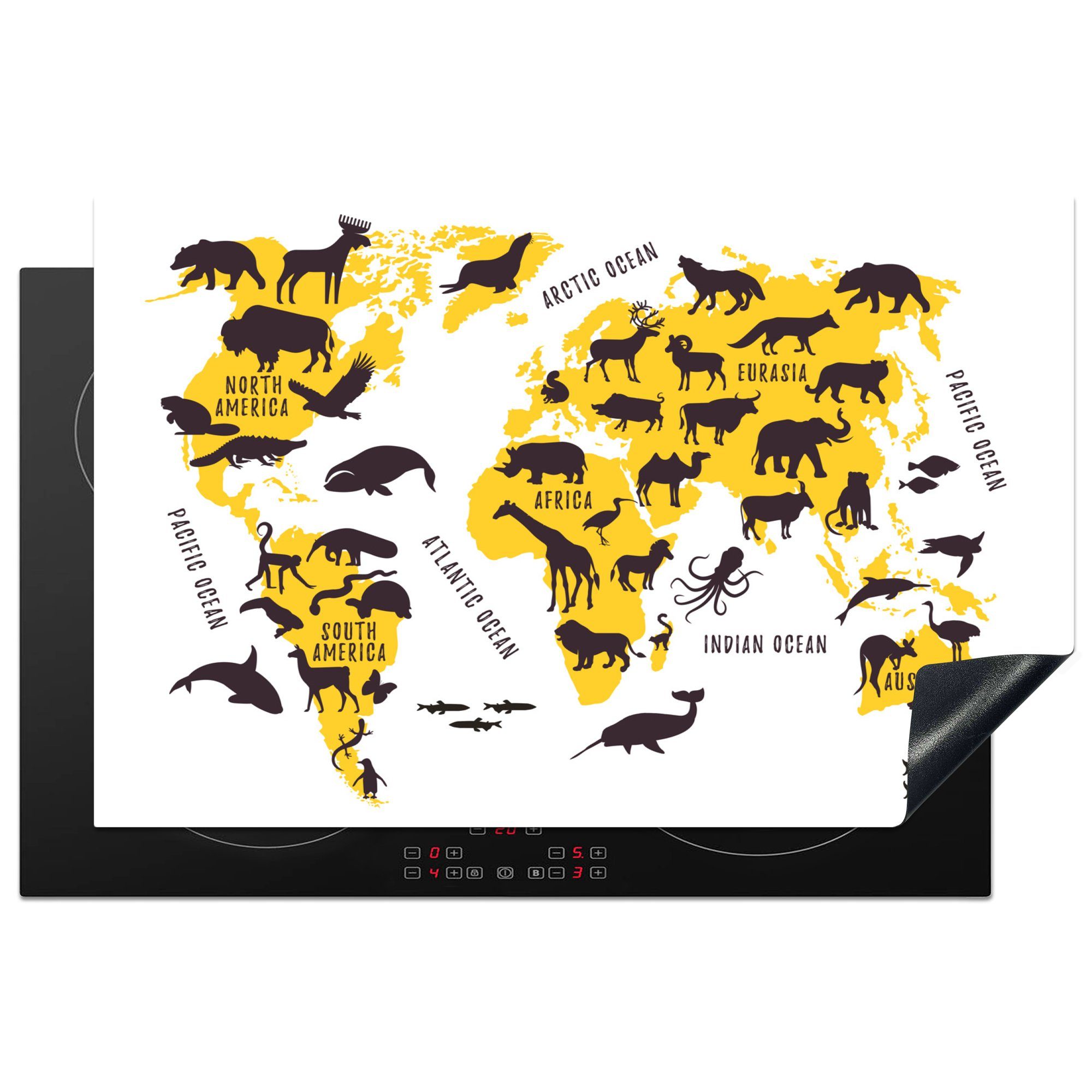 MuchoWow Herdblende-/Abdeckplatte Weltkarte - Gelb - Tiere, Vinyl, (1 tlg), 81x52 cm, Induktionskochfeld Schutz für die küche, Ceranfeldabdeckung