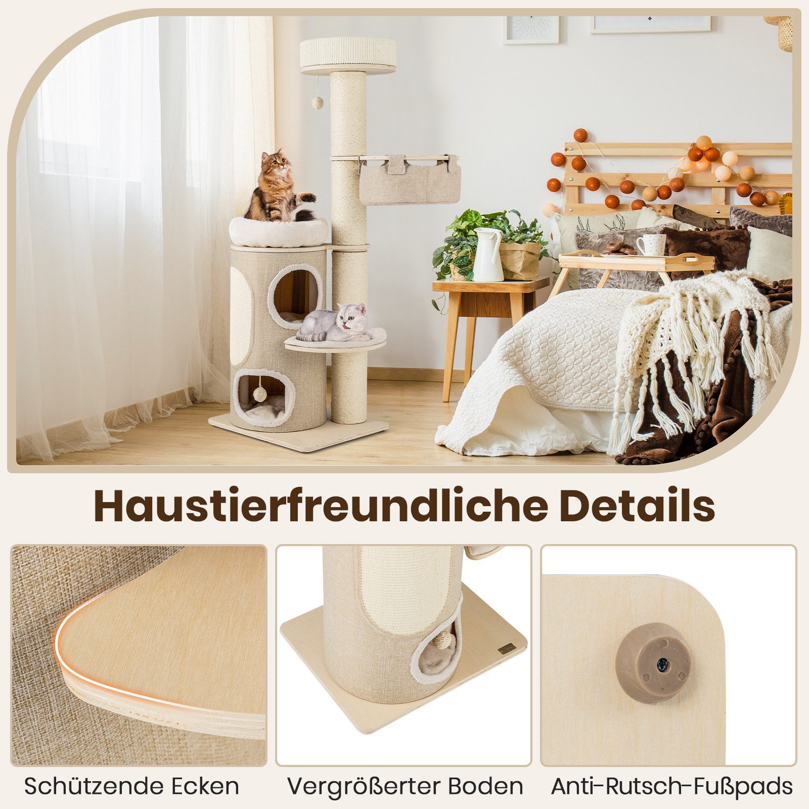 KOMFOTTEU Kratzbaum, mit 2-stöckiger Katzenwohnung & 2 Sitzstangen