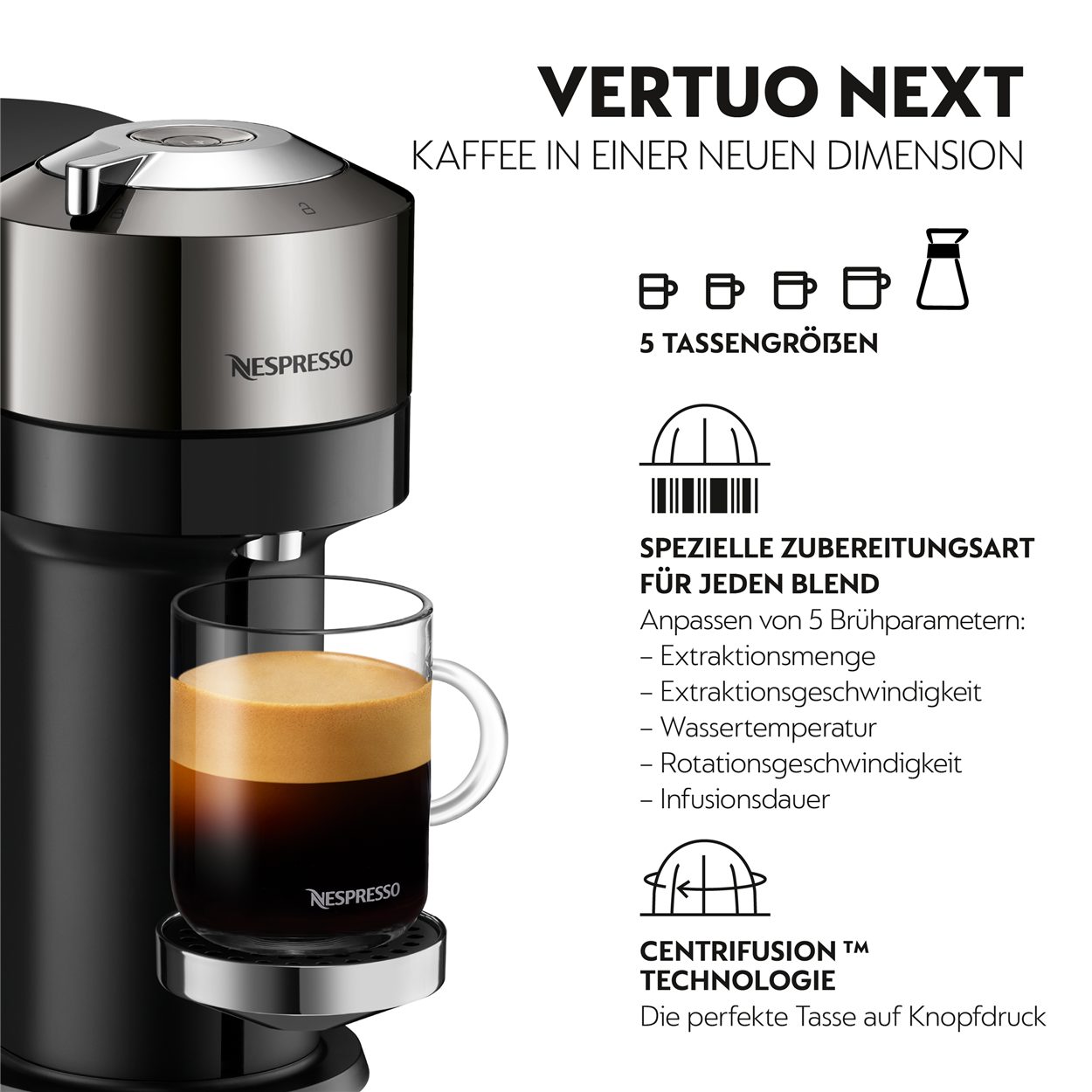 Krups Kapselmaschine Vertuo Next Chrome XN910C 1x1, 1,1L 5 3 Tassengrößen Kapselerkennung, Aeroccino Kaffeemaschine, Milchaufschäumer, Wassertank, Röstmischungs