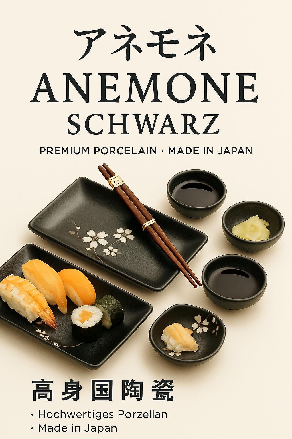 WestCraft Sushiteller SUSHI TELLER SET, Sushi Geschirr Set, Mehrteiliges Sushi-Set, (6 St), für 2 Personen Sushi-Teller, Schalen und Essstäbchen versch. Designs