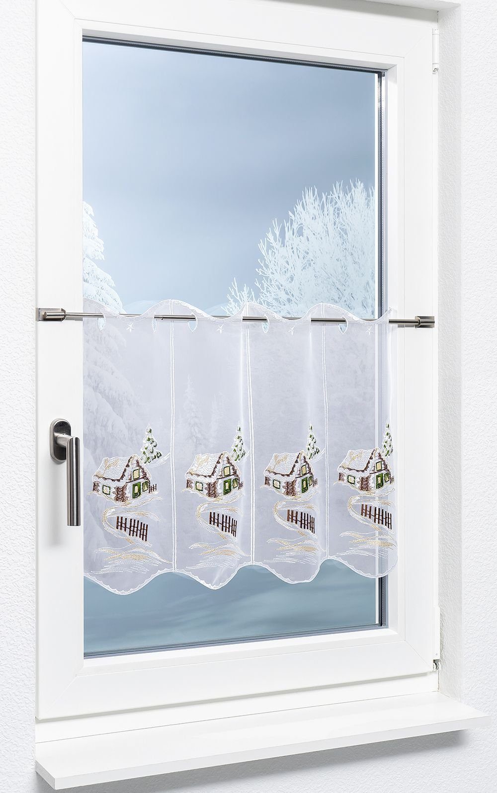 Plauener Spitze® Scheibengardine Winterhütte (1 St), transparent, HxB 45x48.6cm