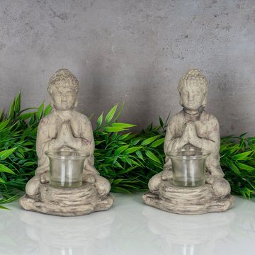 Levandeo® Teelichthalter, 2er Set Teelichthalter Buddha Figur Keramik je 19cm hoch Grau