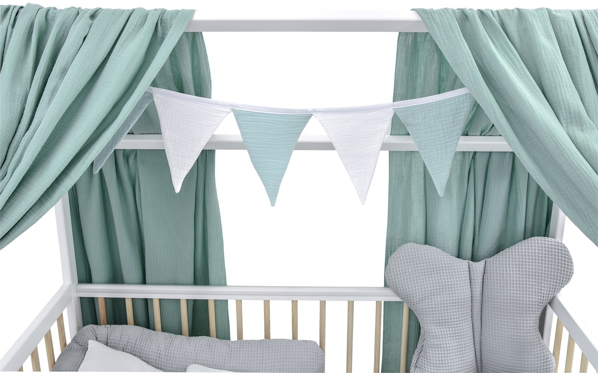 Baby-Delux Komplettbett Hausbett Babybett Komplettset Waffelpique Musselin, 12-tlg., Kinderbett 60x120 cm weiß Natur, Bettset verschiedene Designs