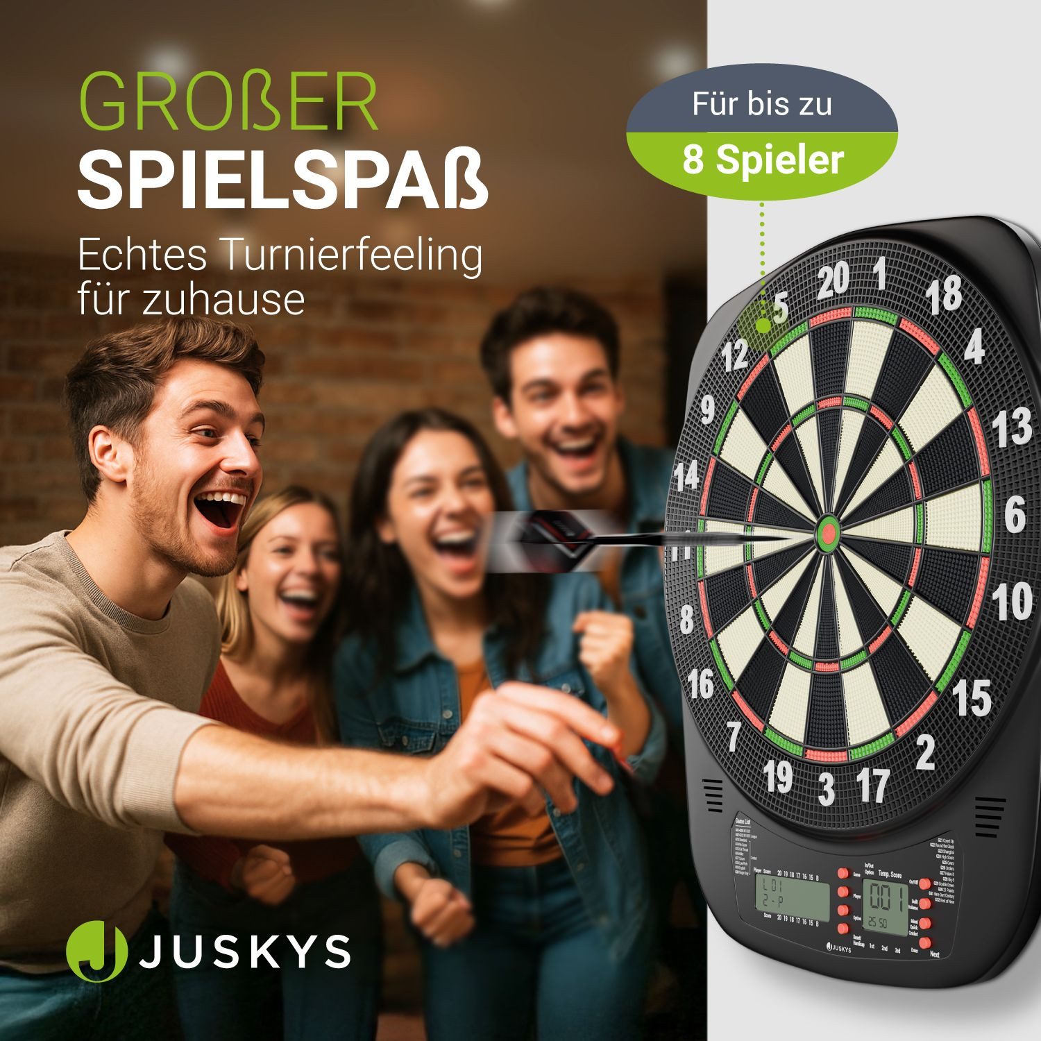 Juskys Dartscheibe, 32 Spiele, 18 Pfeile, bis 8 Spieler, mit Zubehör, viele Spielmodi