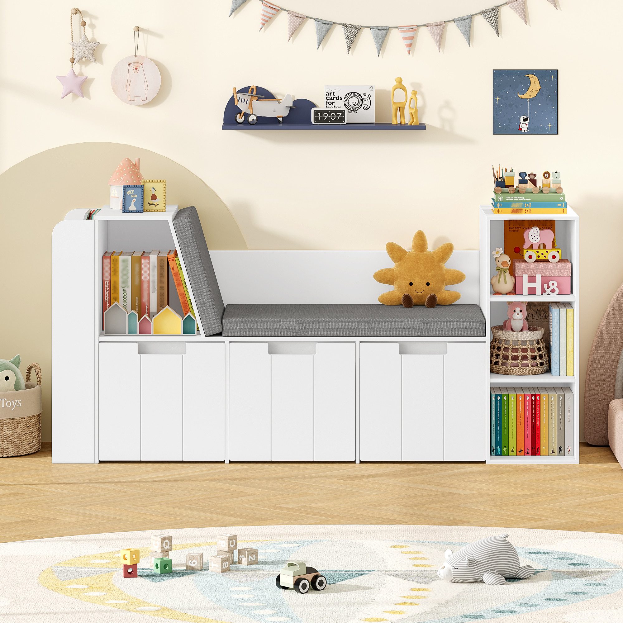 HOMECHO Spielzeugtruhe, 156cm Kinderregal mit Sitzbank, Boxen auf Rollen – Bild 3 von 5