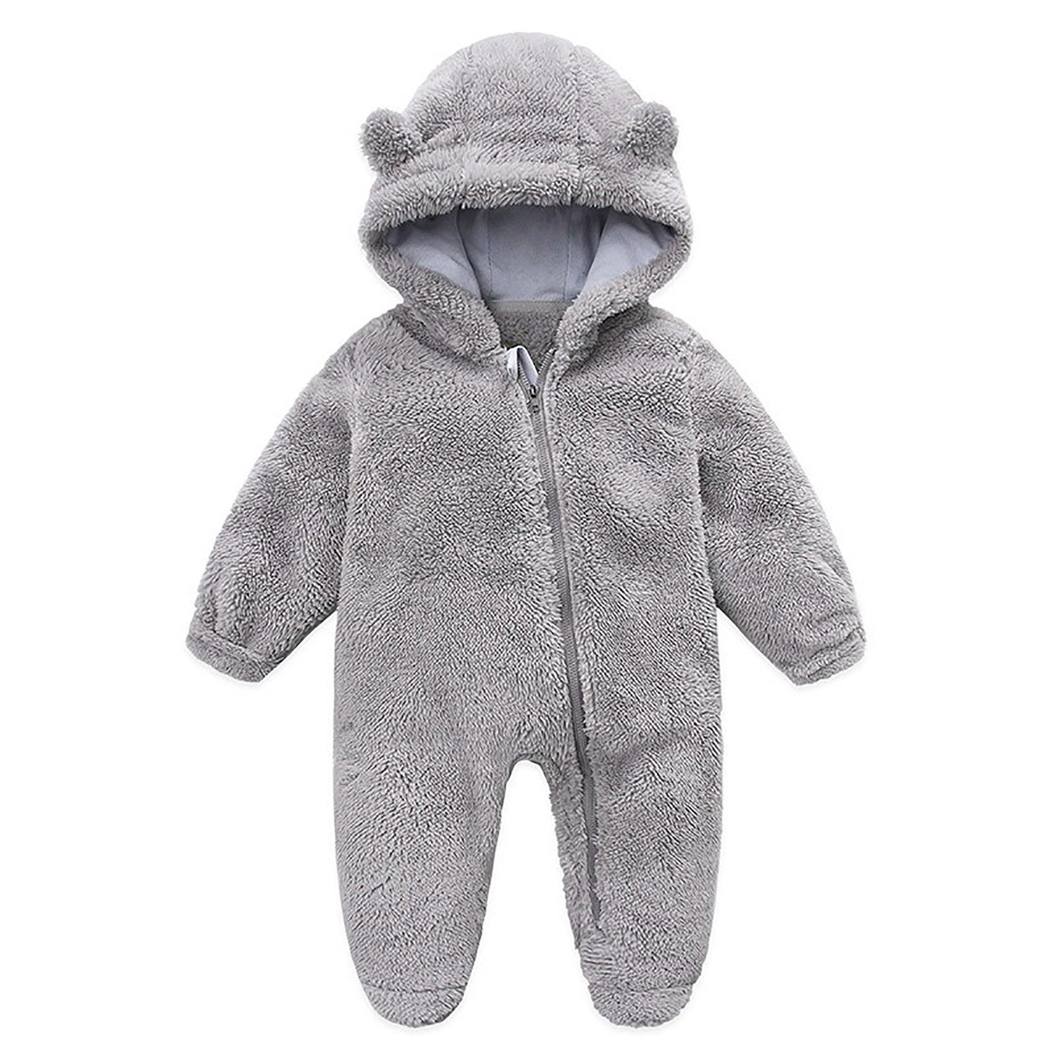 Refttenw Strampler Winter Warme Baby Strampler Neugeborene Fleeceoverall für 0-12 Monate mit Kapuze & Reißverschluss
