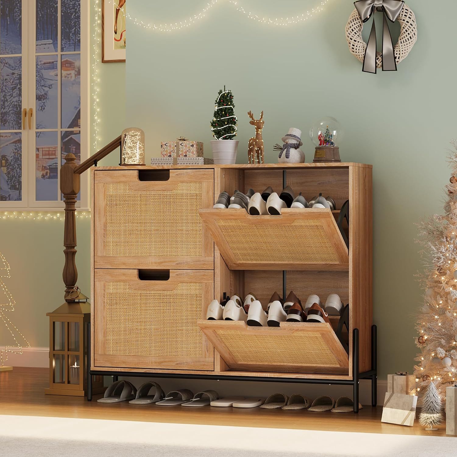 GarveeMore Schuhschrank Rattan mit 4 Klappen,Schmal Schuhkipper,100x24x88cm günstig online kaufen
