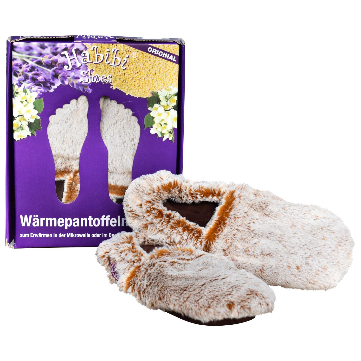 Habibi Plush Wärmekissen Wärmeschuhe, Slipper creme meliert Größe L für Mikrowelle/Ofen, (Wärmeschuhe)