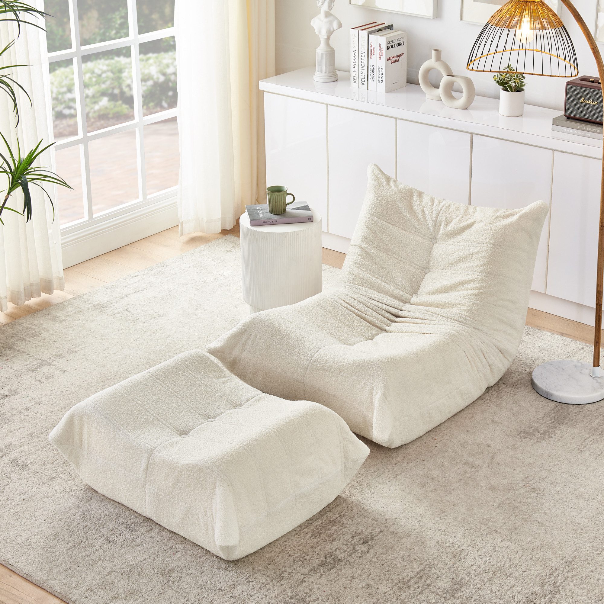 Odikalo Sofa Sitzsack Lazy Sofa mit Rückenlehne und Fußhocker, Weicher Teddyfell-Bohnensack-Bodenlesesessel,Bequemer Einzel-Bodensofa