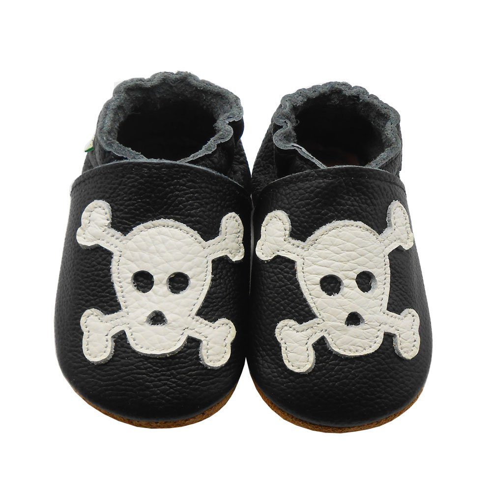 Yalion Weiche Leder Krabbelschuhe Lauflernschuhe Hausschuhe Lederpuschen Totenkopf 100% Leder Lauflernschuh