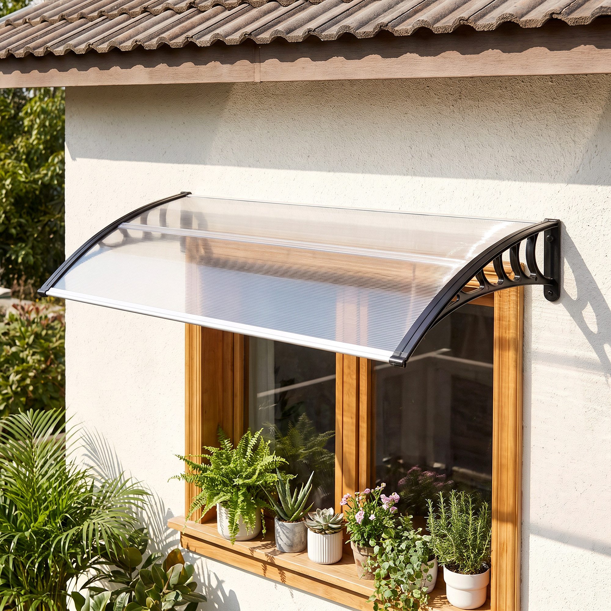 Outsunny Pultvordach Vordach für Haustür Überdachung 90 x 150 cm Polycarbonat Weiß (Haustürdach aus Polycarbonat, 1 St., Pultbogenvordach mit UV-Schutz), Sonnenschutz Regenschutz für draußen, Weiß