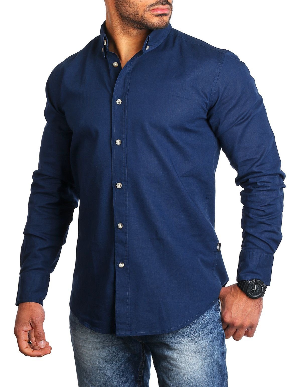 Dunkelblau Mix Button-Down-Kragen Herren Leinen Langarm Hemd Langarmhemd 8529 CARISMA Casual Uni Baumwoll Regular