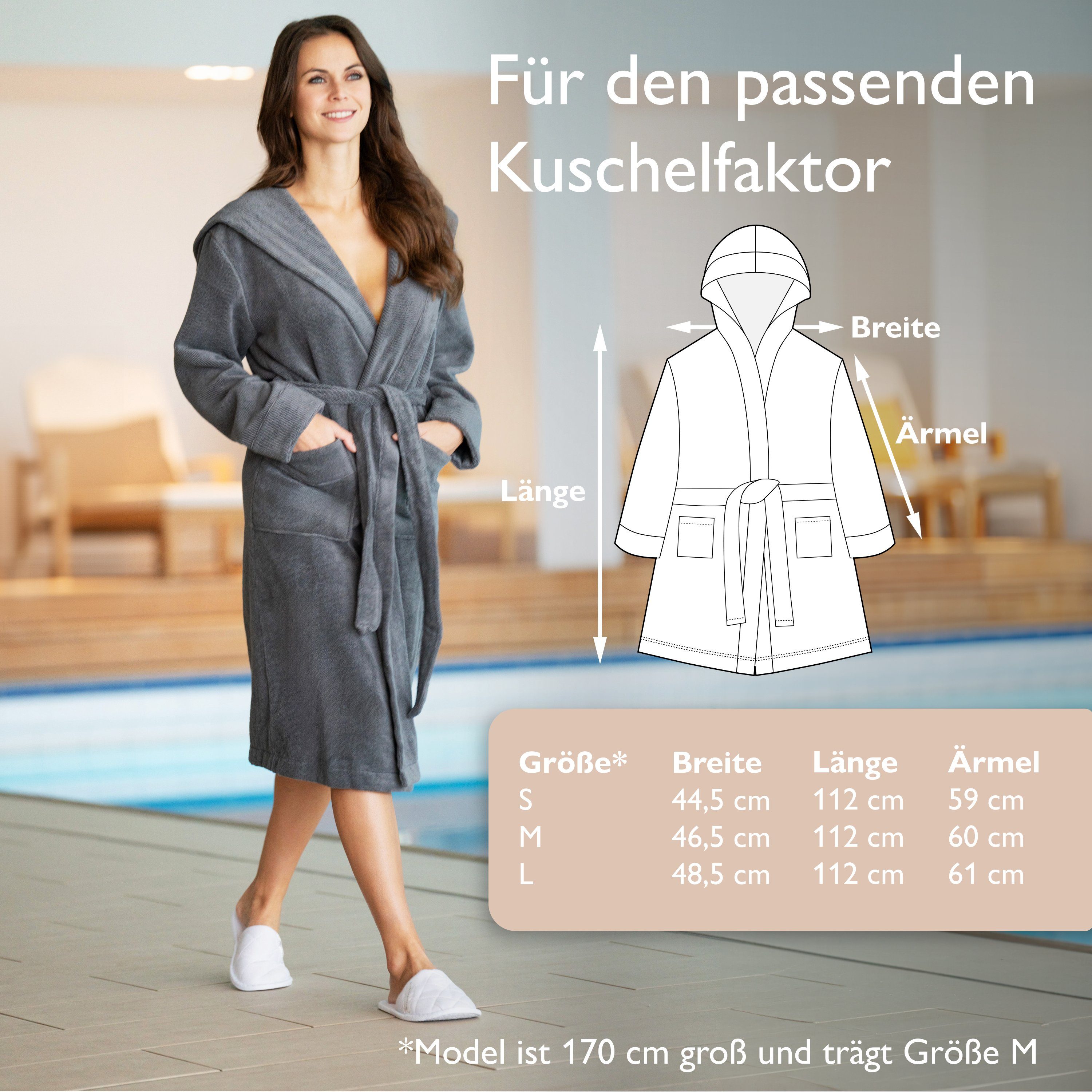 Liebenstein Damenbademantel Samtweicher Bademantel aus 100% Baumwolle, mit Kapuze