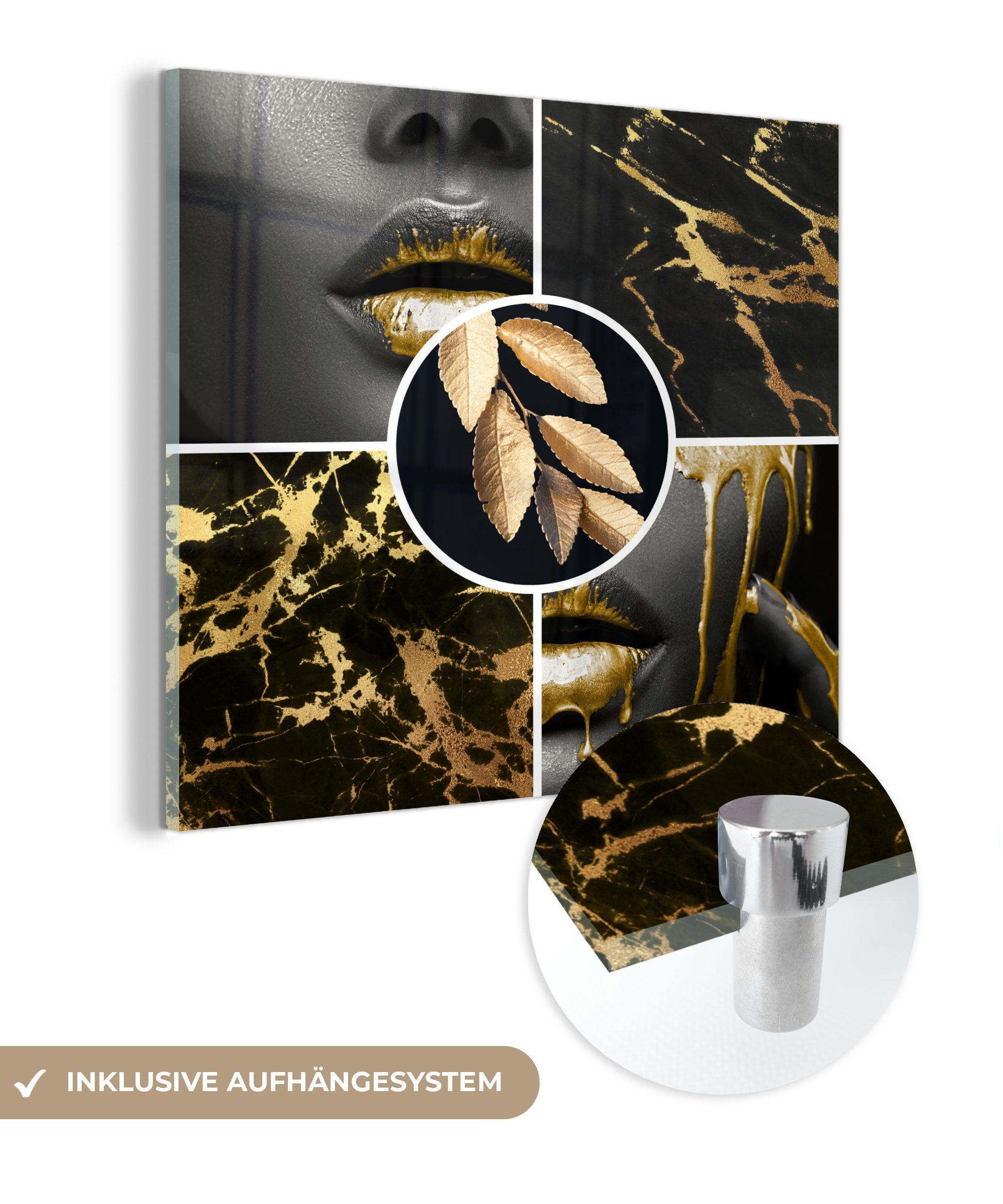 Farbe Collage Glas Glas - Wanddekoration Wandbild Gold Foto auf - Acrylglasbild MuchoWow - auf Bilder St), - - Glasbilder (1 - Marmor,