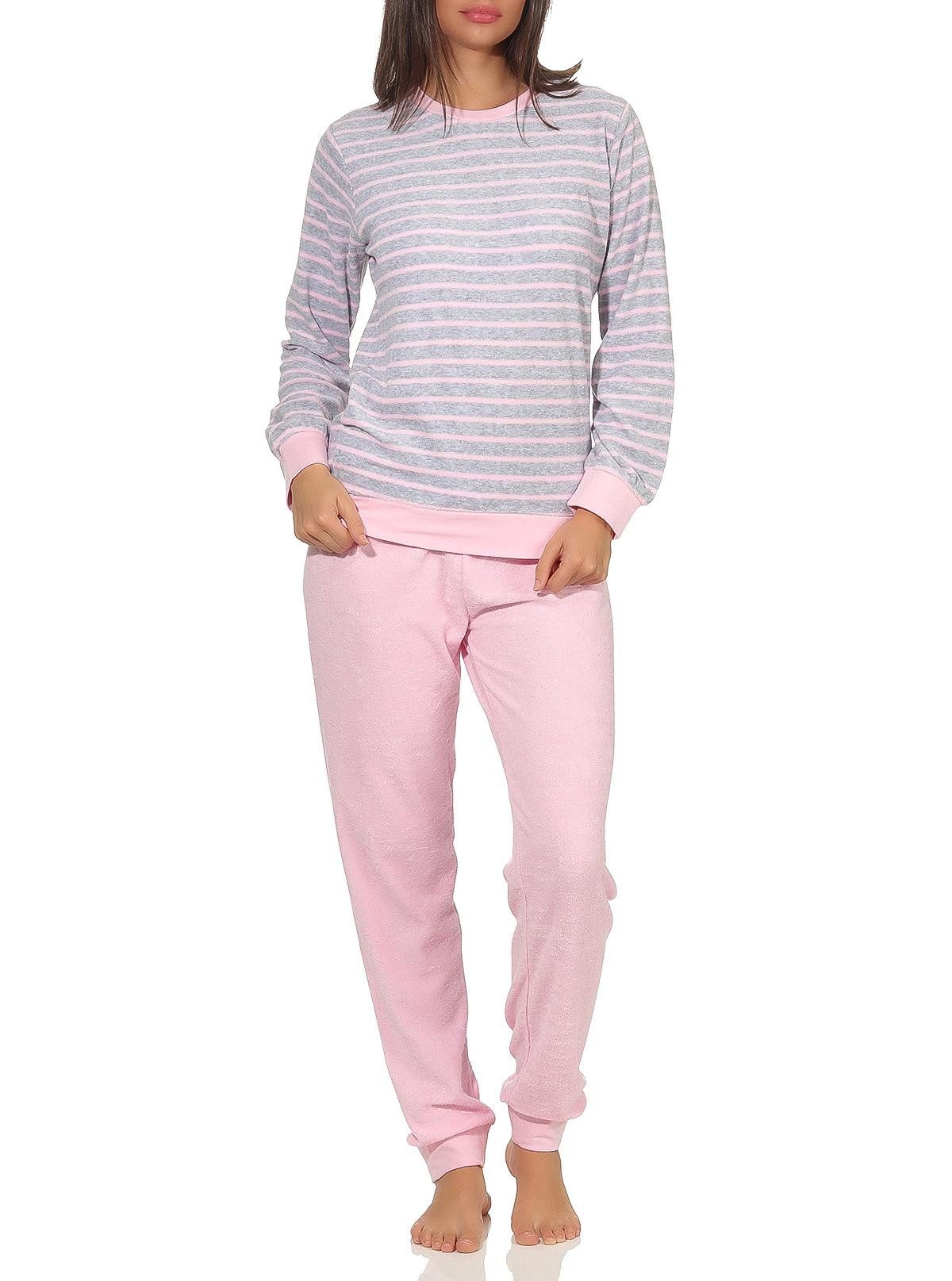Normann Pyjama Damen Frottee Pyjama langarm mit Bündchen in Streifenoptik