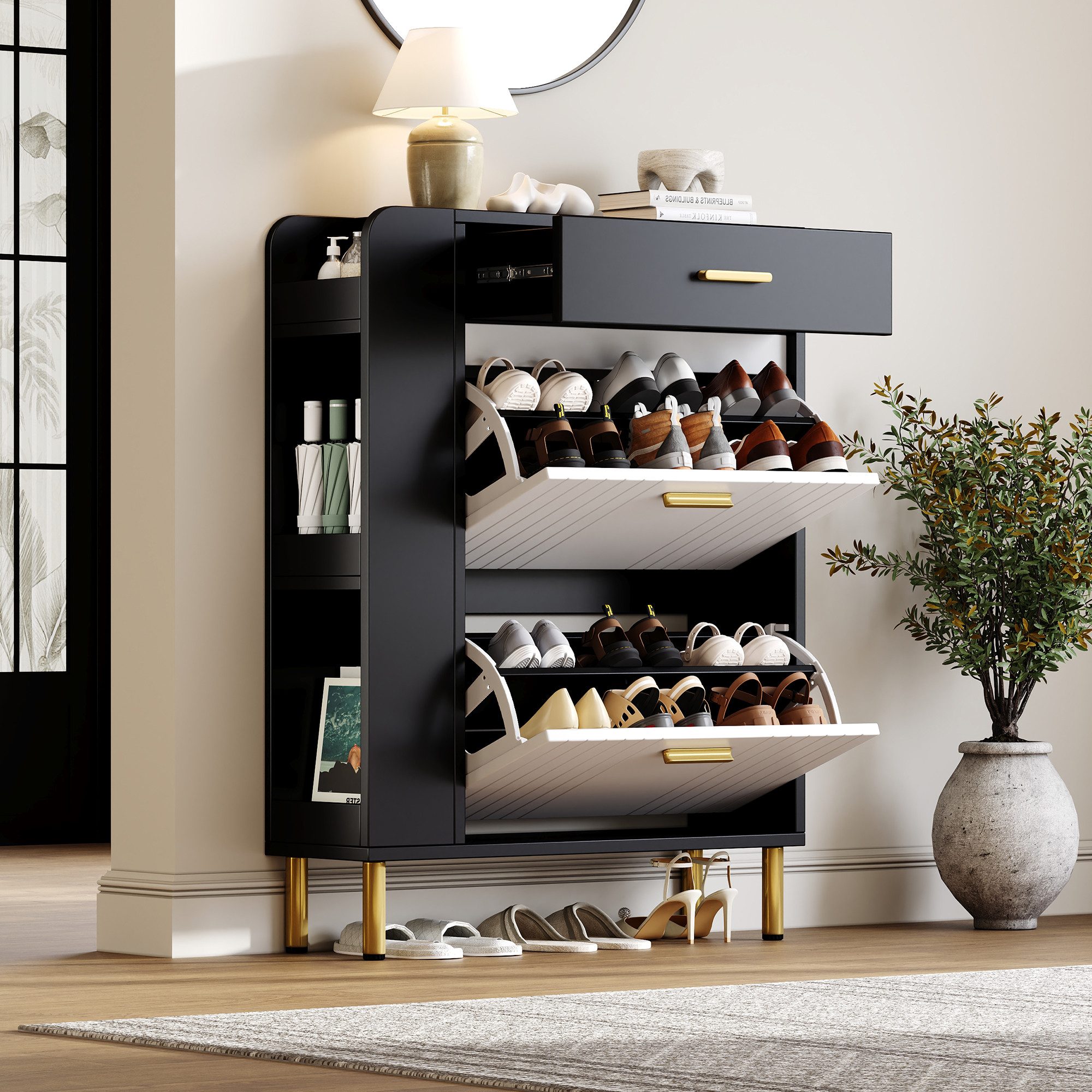 Flieks Schuhschrank mit 2 Klappen, 1 Schubladen und 3 offenen Seitenablage (1-St., B80/T24/H105 cm) Schuhregal Schuhkipper Schuhkommode mit Metallbeine, Schwarz&Weiß