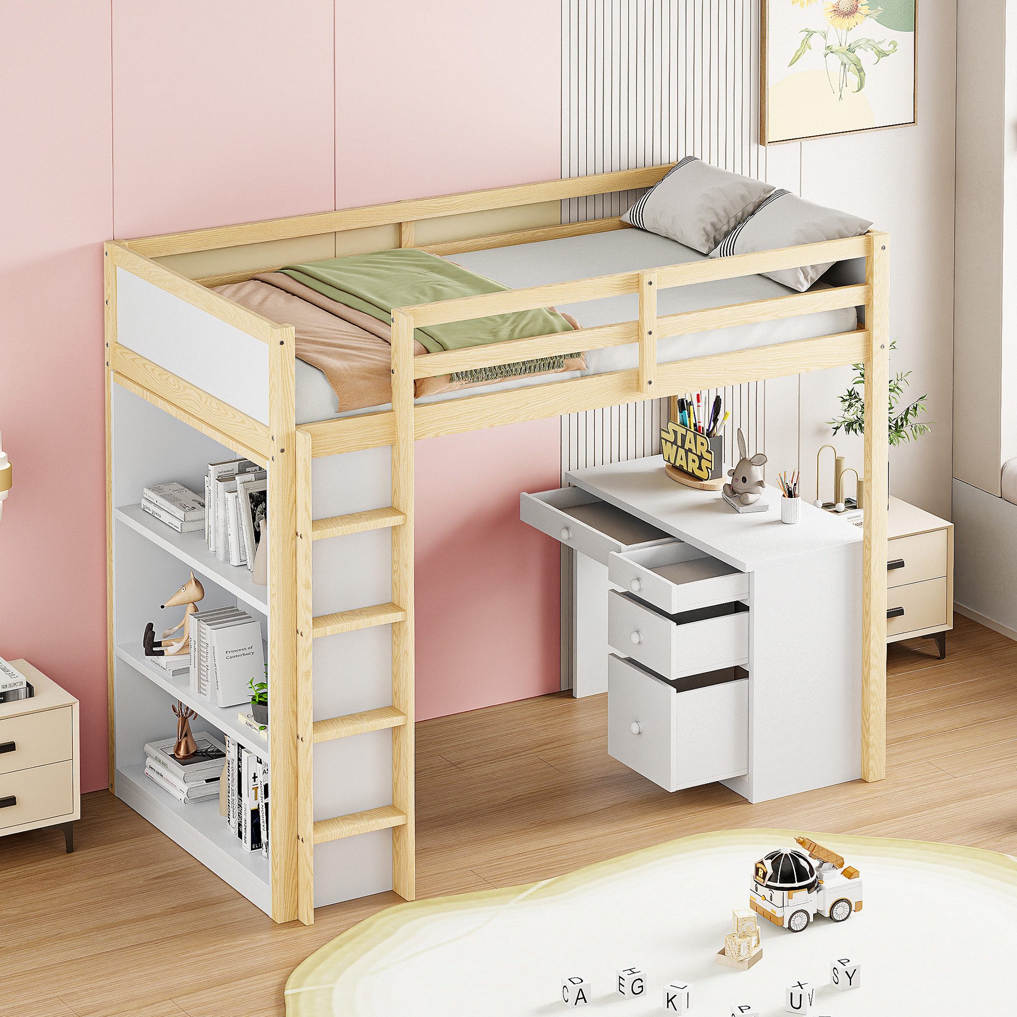 STILVORA Hochbett 90×200 Jugendbett mit Stauraum und tisch,Bettgestell ohne Matratze (multifunktionales Hochbett für Kinder aus Holz 90 X 200 cm) ohne Matratze
