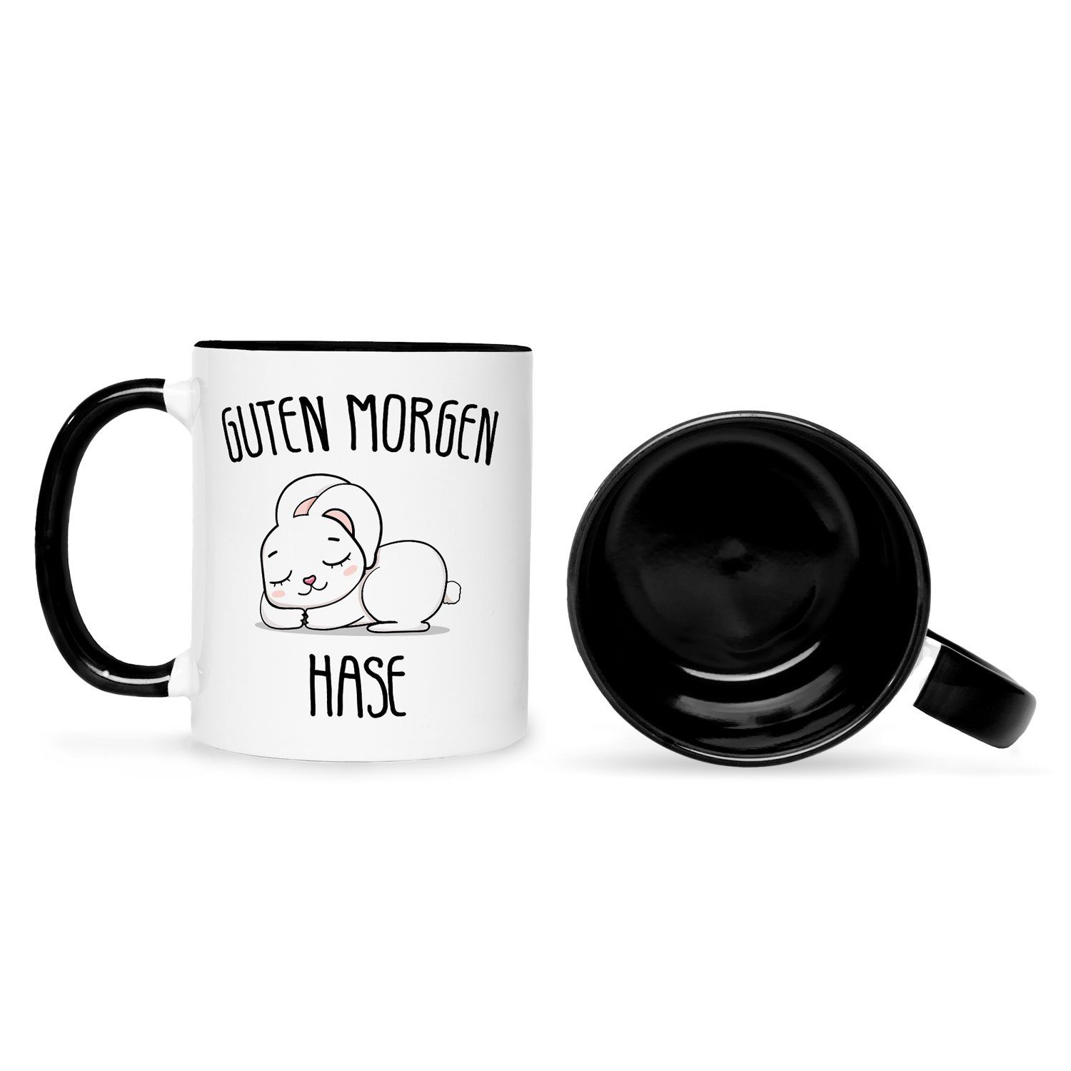 GRAVURZEILE Tasse Bedruckte Guten Sie Tasse niedlichem Hase, mit Tasse Schwarz mit Ihn Morgen für Weiß Keramik, & Kaninchen - Häschenen Motiv