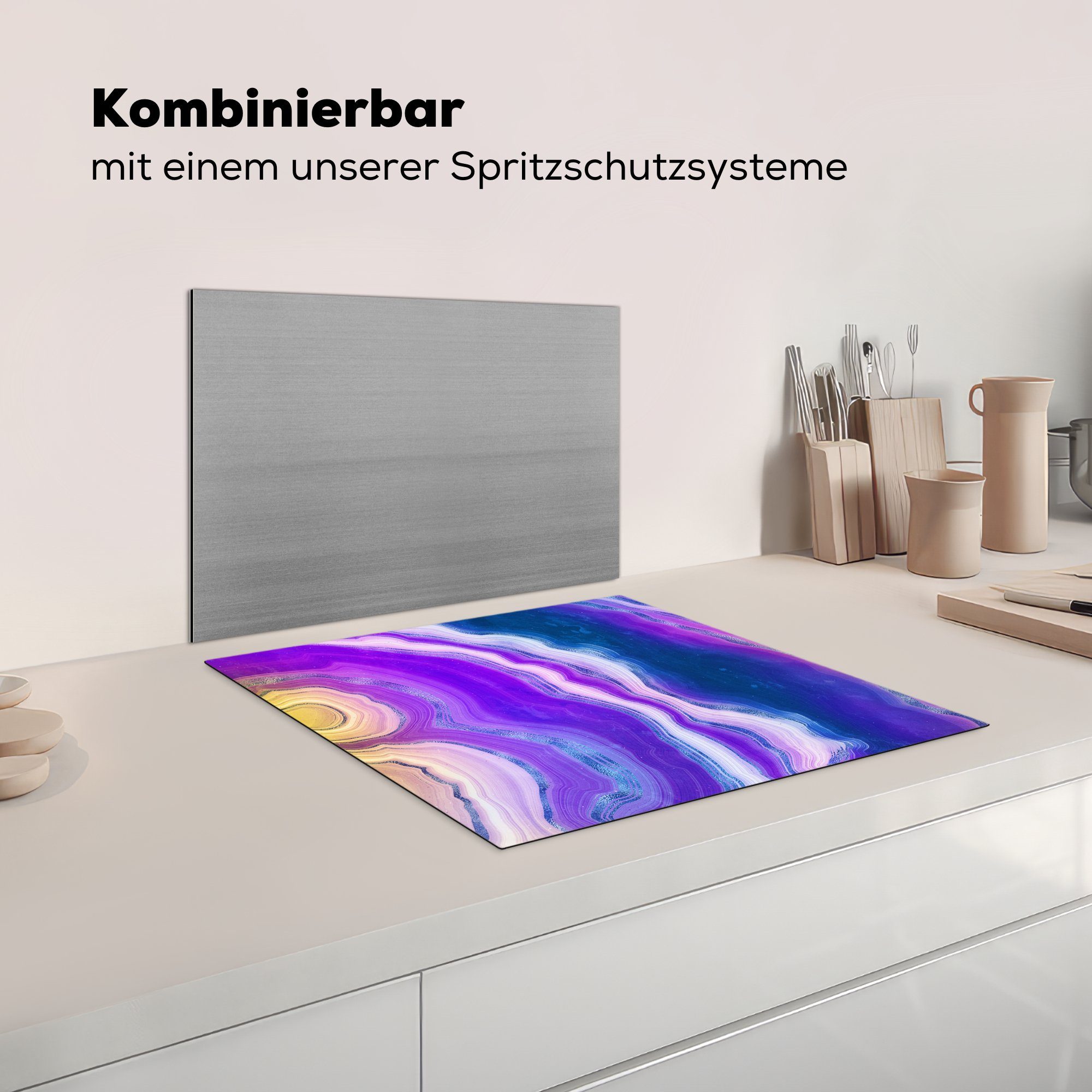 Achat Vinyl, Herdblende-/Abdeckplatte Edelstein-Mix, - (1 cm, MuchoWow Ceranfeldabdeckung Induktionsschutz, - 59x51 tlg), Induktionskochfeld, Neon