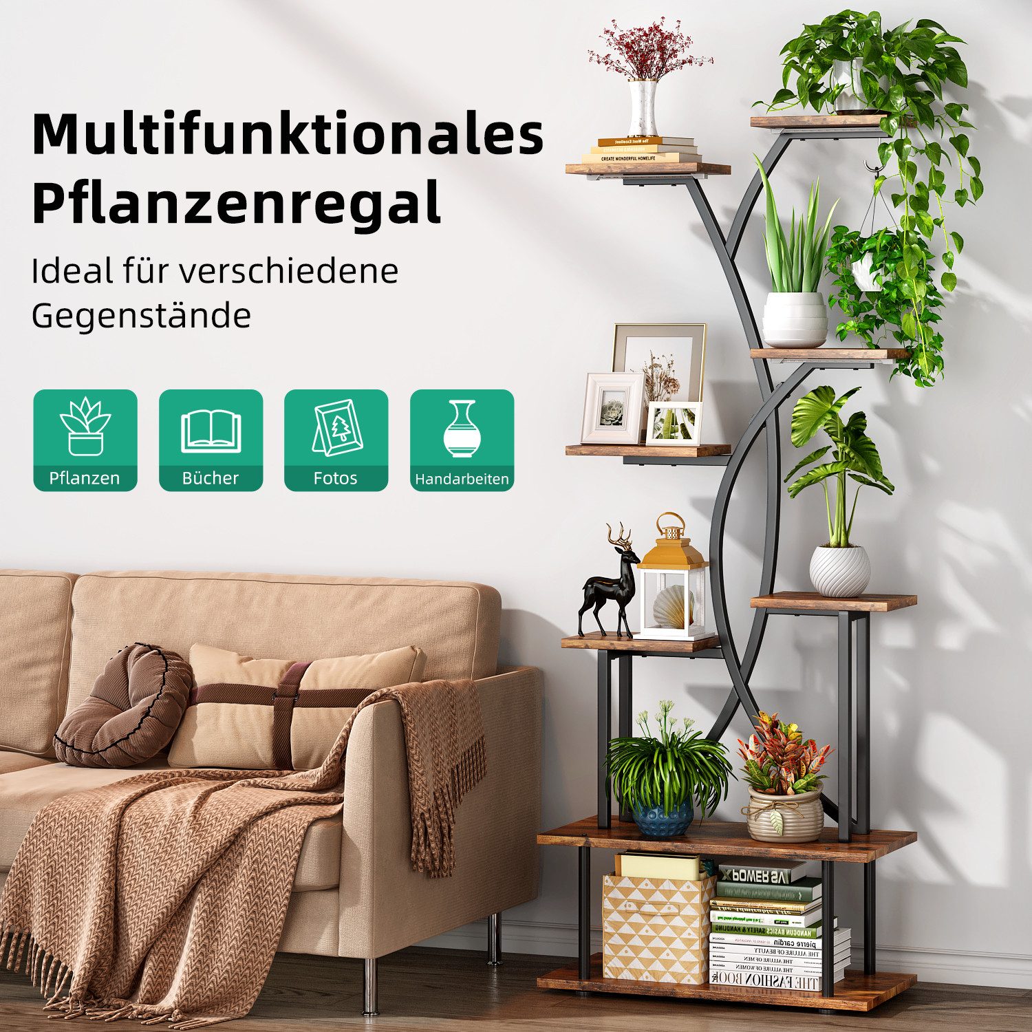 Kalrin Blumenständer stabil & platzsparend für Innen,Tragfähigkeit 45 kg pro Ebene, 8 Etagen Pflanzenständer,Höhe 172cm