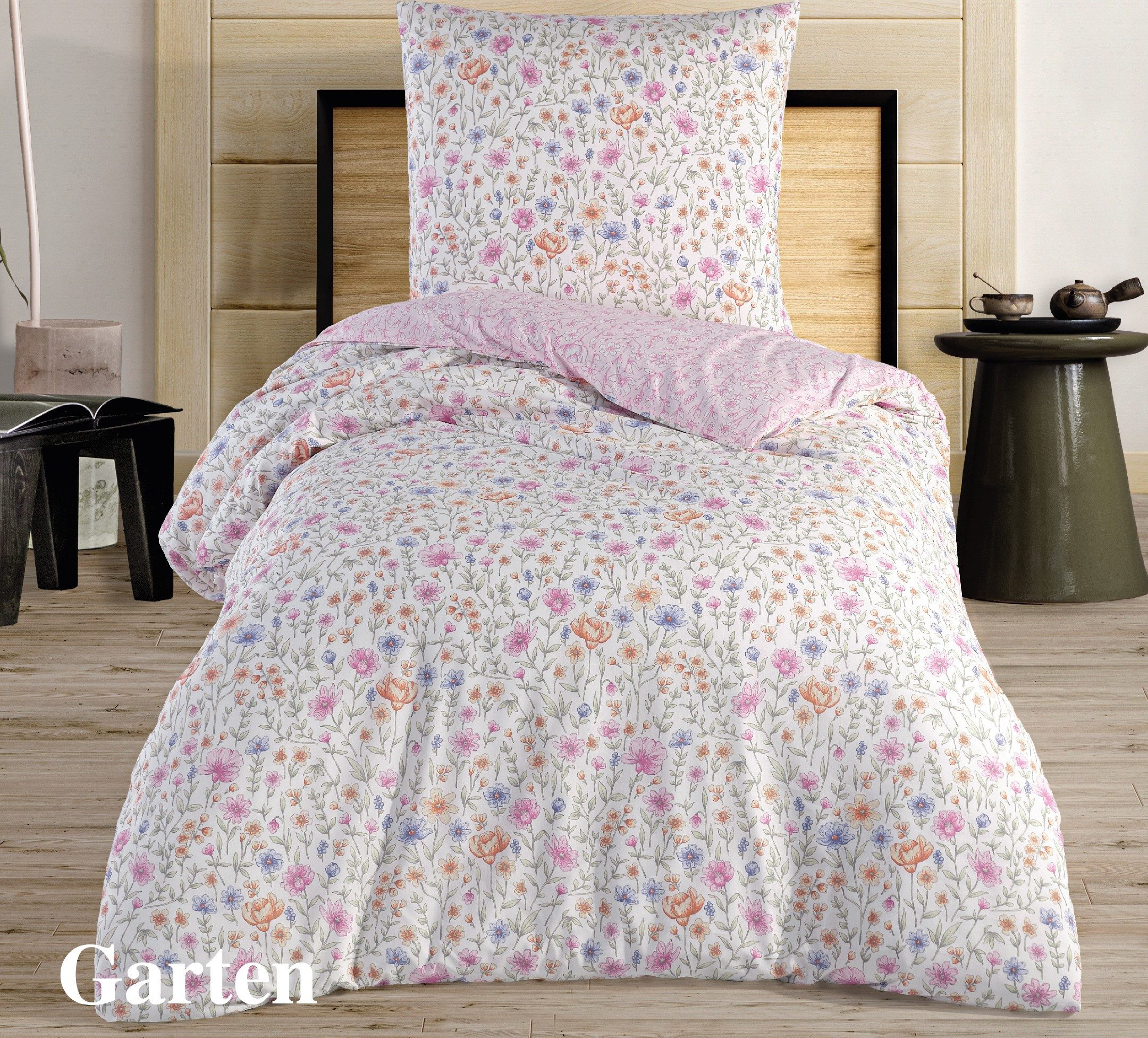 Leonado Vicenti Wendebettwäsche 155x200 Bezug 80x80 Kissen Set Hochwertige Polycotton Rosa Blumen, Renforcé, 2 teilig, mit verdecktem Reißverschluss, Wendebettwäsche