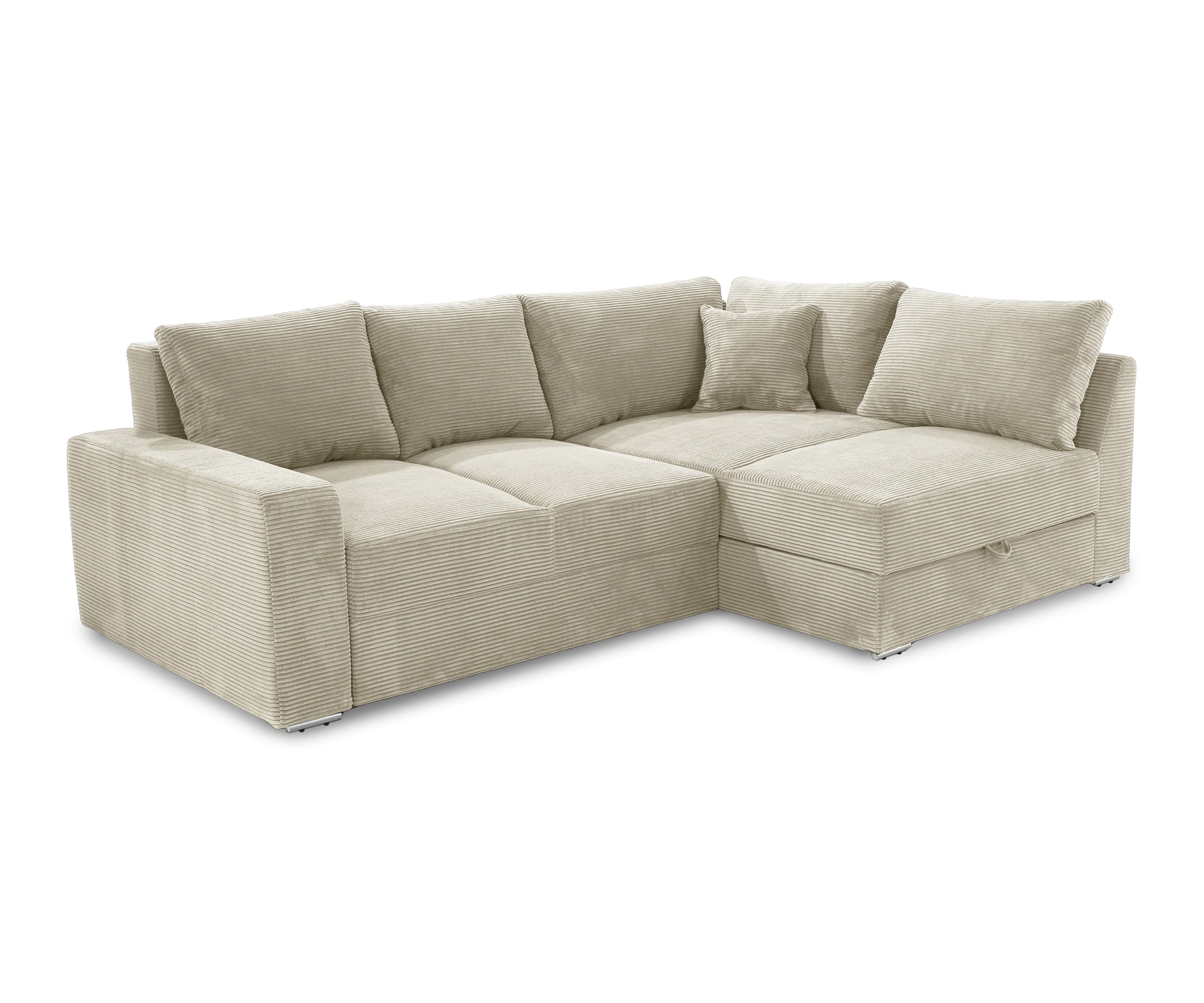 luma-home Ecksofa 15235, Dauerschläfer B260/T181/H88 cm mit 2 Bettkästen, Ottomane links oder rechts montierbar, Federkern, Boxspring, Kaltschaum-Topper, Bezug Cord in Beige Grau