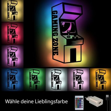 Namofactur LED Wandleuchte Gaming Zone Arcade RGB USB LED Schild leuchtend für Gamer, LED fest integriert, Farbwechsler