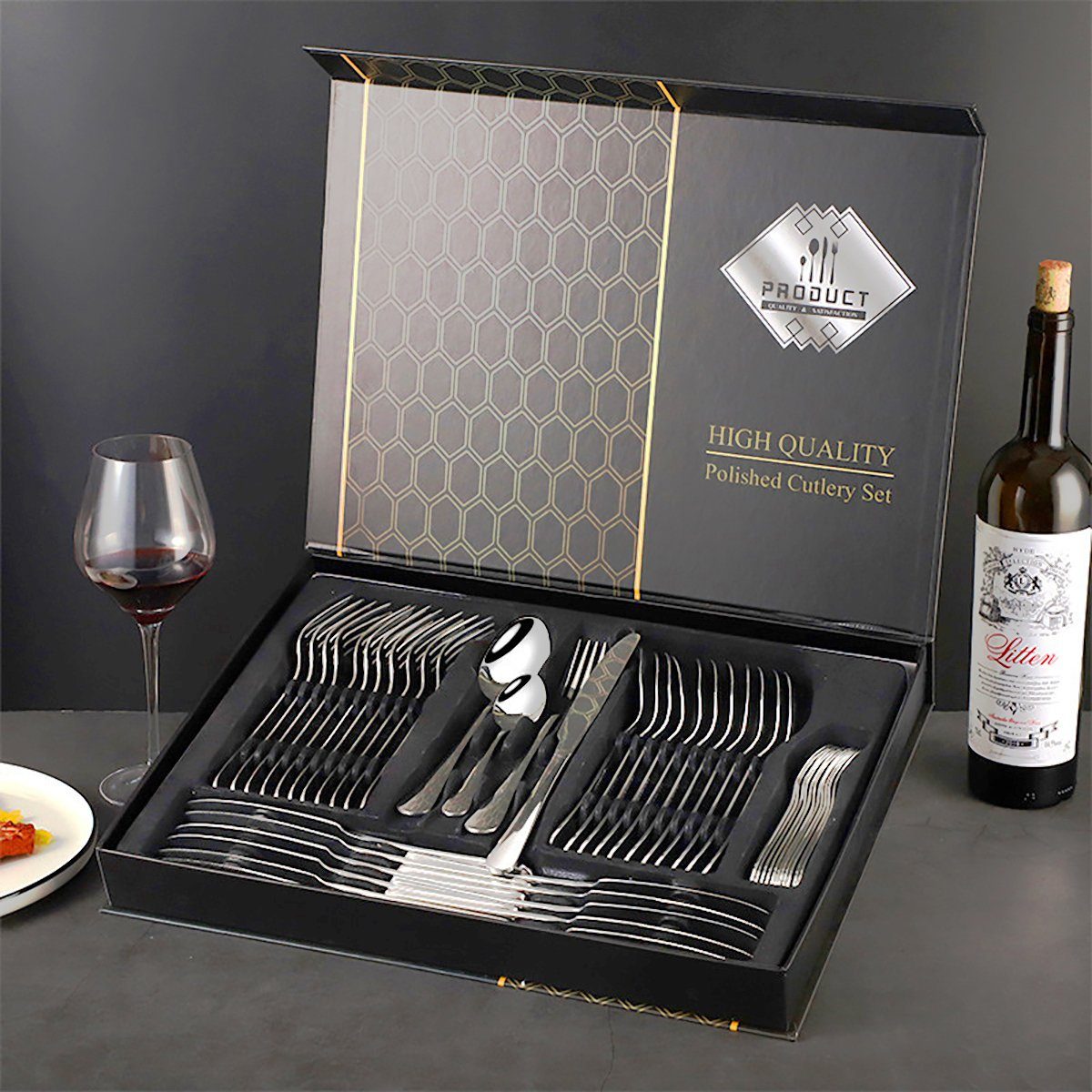Simloveve Besteck-Set Besteckset für 12 Personen, 48 teilig Edelstahl Besteck set (48-tlg), 12 Personen, Edelstahl, Essbesteck mit Messer Gabel Löffel, in Geschenkbox, Spülmaschinenfest