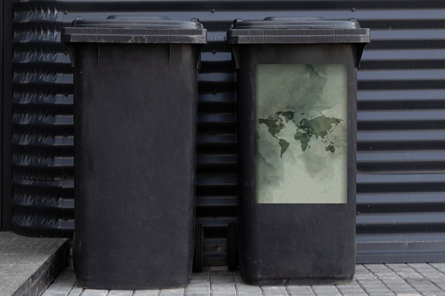 Container, Mülleimer-aufkleber, St), Sticker, - - (1 Mülltonne, Wandsticker Grün Abfalbehälter - MuchoWow Grau Aquarellfarbe Weltkarte