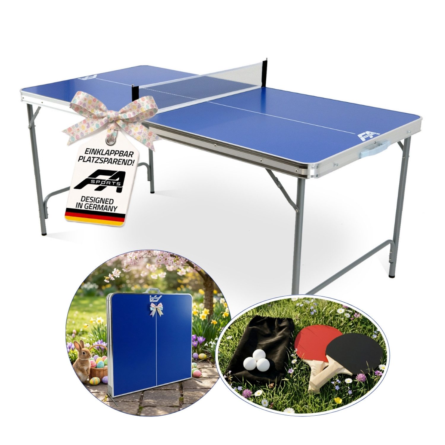 FASports Tischtennisplatte Fabula mit Spielset für Kinder und Jugendliche (Set, 4-tlg., Netz, Schläger, Ball), klappbarer Tischtennistisch, leicht transportierbar und verstaubar