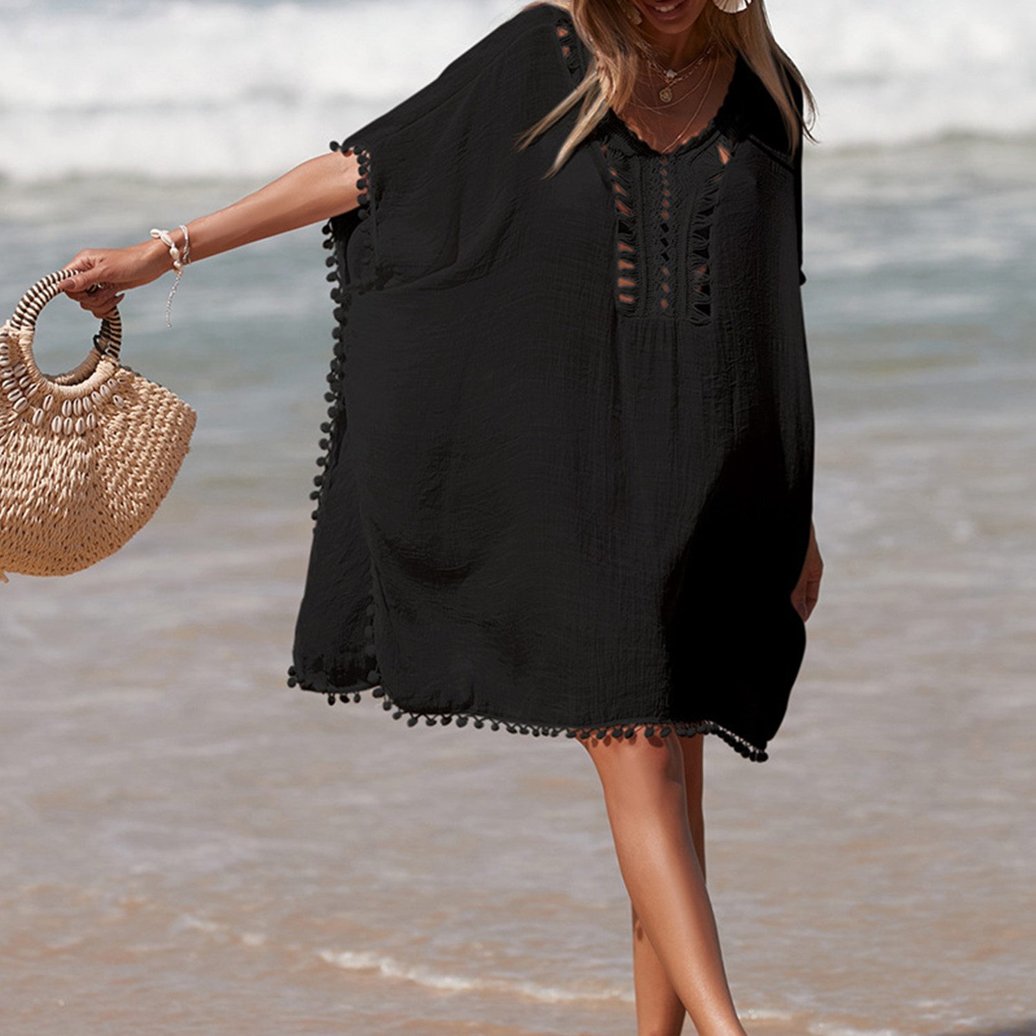 RWEUOQ Blusenkleid Strandkleid, entspannter Komfort, Handkragen, günstig online kaufen