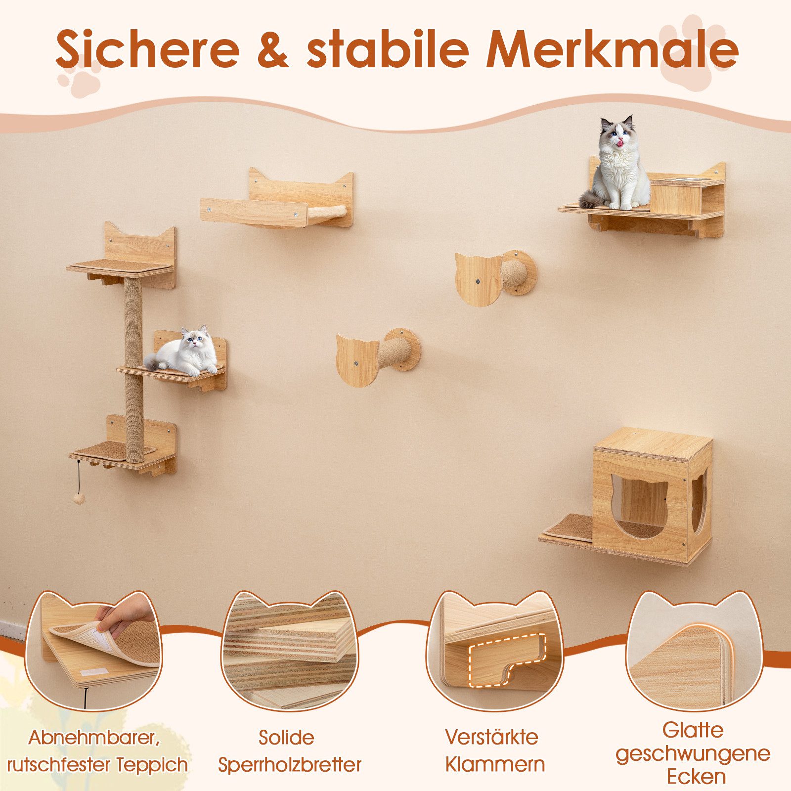 COSTWAY Kratzbaum, 6 tlg. Kletterwand, Katzenbaum, Katzenhaus, Hängematte