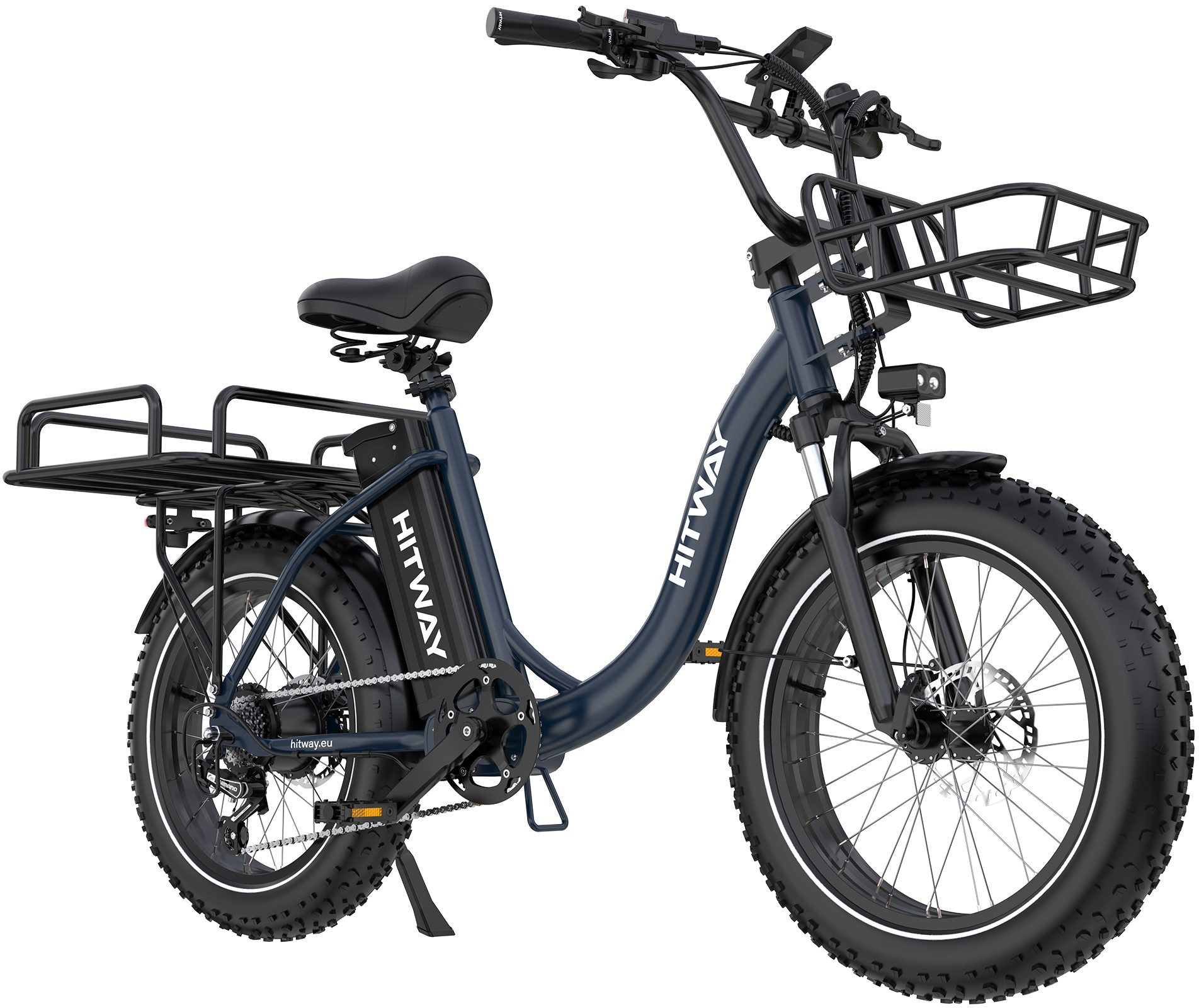 HITWAY E-Bike Cityrad 20*4,0 zoll Lasten-Elektrofahrrad mit 48V27Ah Akku, bis zu 160 km, 7 Gang shimano shimano Schaltwerk, Kettenschaltung, Heckmotor, 1296 Wh, E-BIKE mit 2 Körben, NFC,APP, StVZO