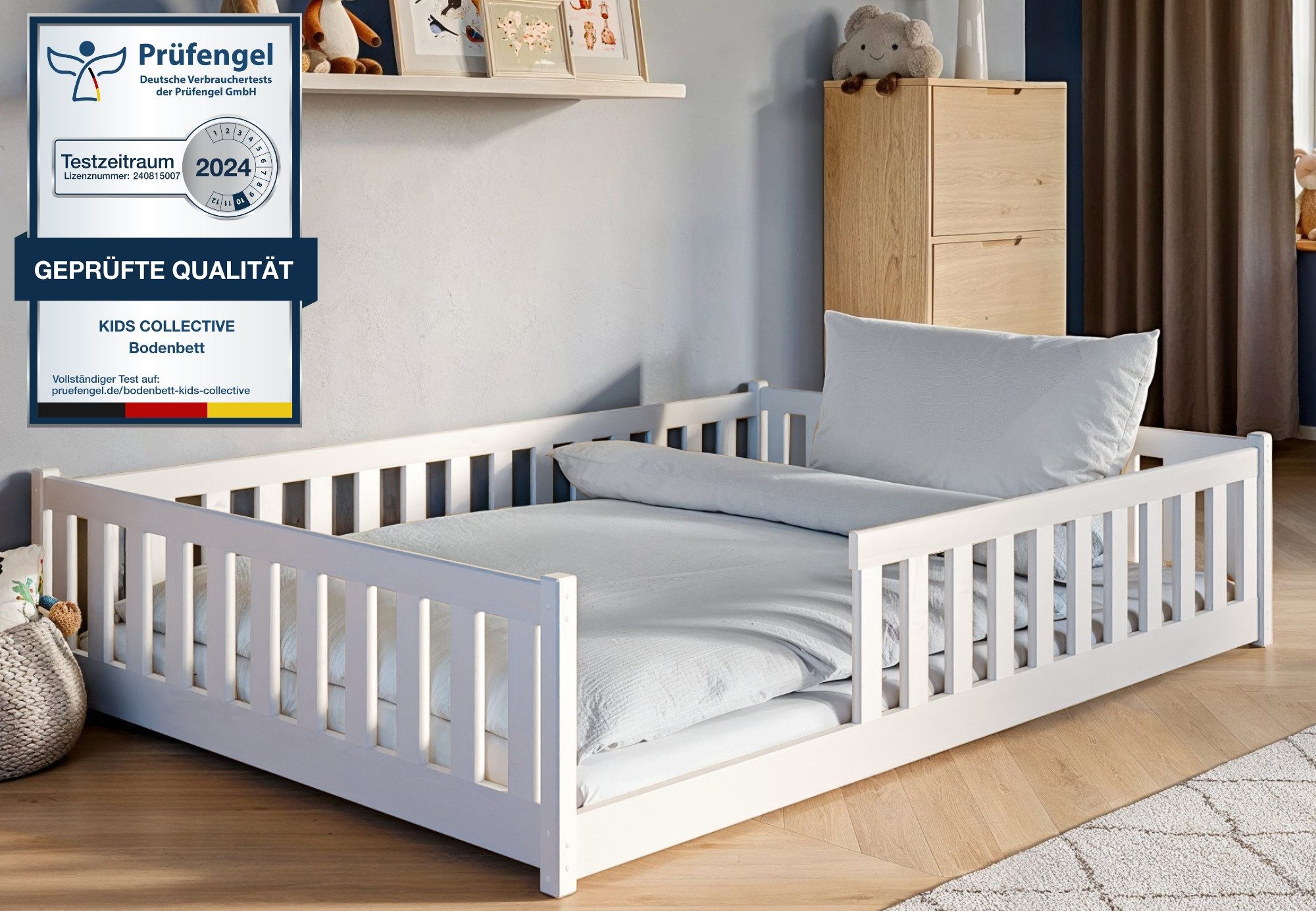 Kids Collective Kinderbett Bodenbett Bett mit Rausfallschutz & Lattenrost Montessori Bett Kinder (weitere Größen 80x160, 90x200, 120x200 cm), Gitterbett Jugendbett weiß Holz massiv Junge Mädchen 140x200cm