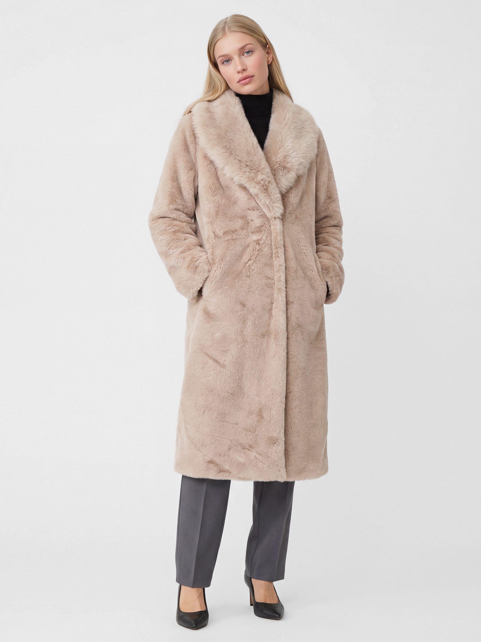 PEKIVESSA Wintermantel Flauschiger Midi-Mantel aus Fellimitat mit elegantem Schalkragen