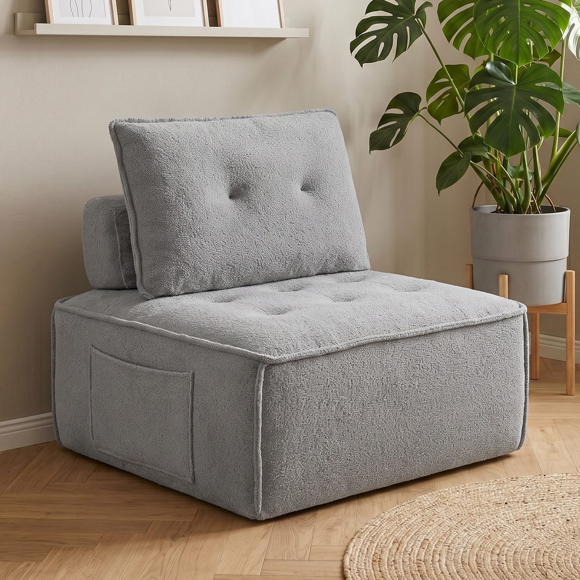 GLP Sitzsack Loungesessel mit Teddy-Bezug, 84 x 84 cm, mit Seitentasche, bis 150 kg (1 Teile, Ohne Montage), kompakter Bodensessel für Wohnzimmer, Schlafzimmer und kleine Räume