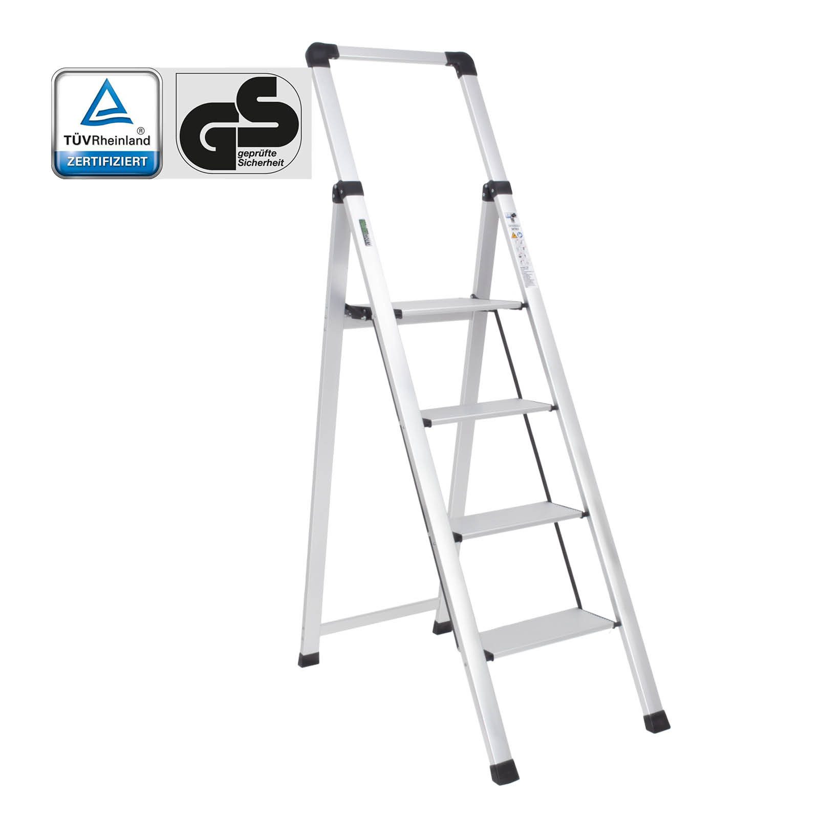 TRUTZHOLM Trittleiter Alu Trittleiter 4-stufig silber klappbar mit Handlauf 150 kg TÜV GS (1-St), leicht, rostfrei, Handlauf