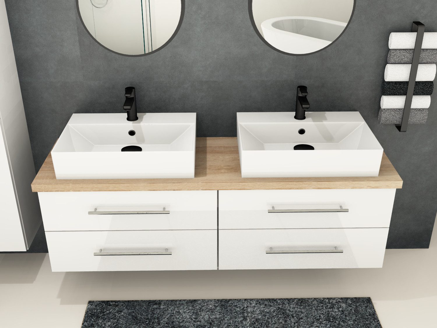 Aqua Bagno Badmöbel-Set Flex Badmöbel 160 cm Weiß Hochglanz mit Doppelwaschbecken KS.60, (vormontiert, 5-St., Badmöbelschrank lackiert, Trägerplatte, Keramikwaschbecken), einfache Montage, Skandi